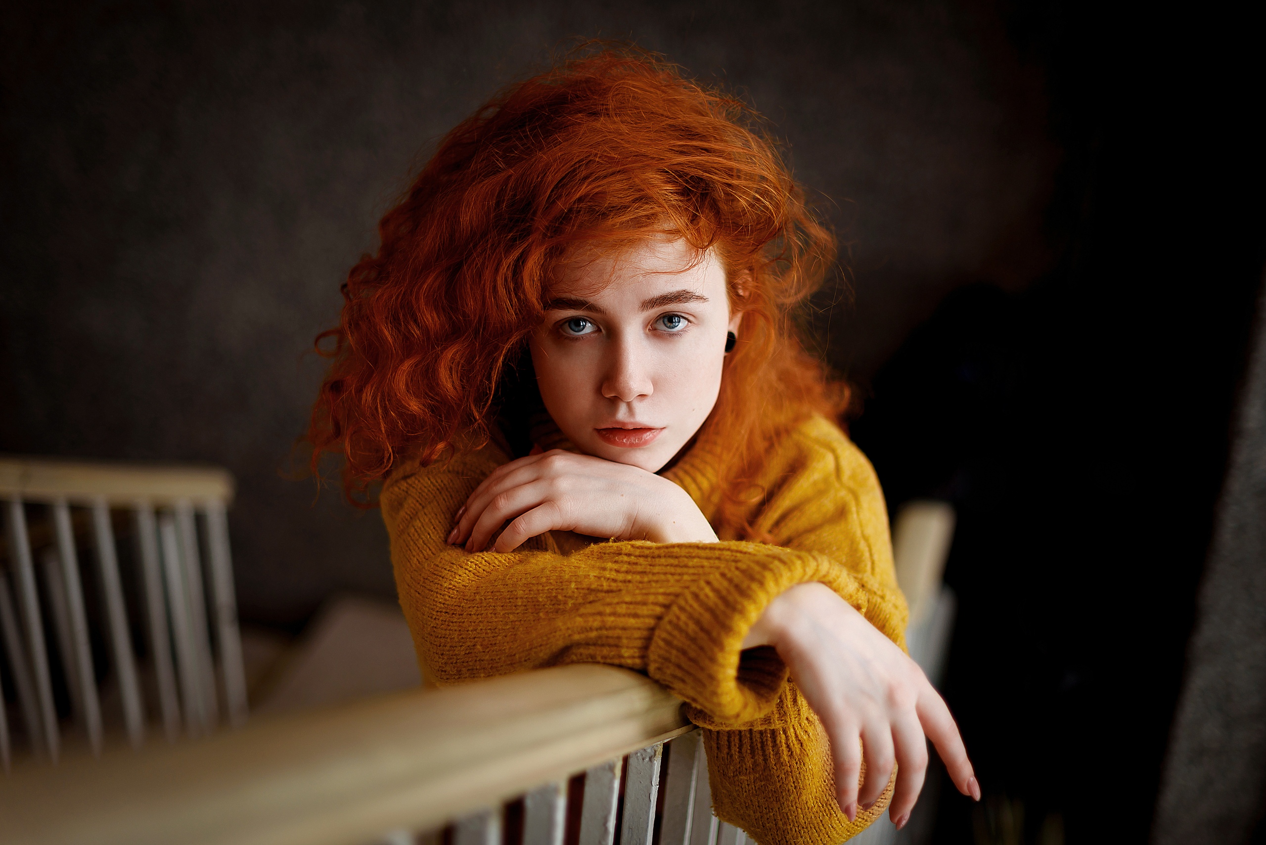 Women Model Redhead Long Hair Curly Hair Looking At Viewer Portrait Gray Eyes Sweater Yellow Sweater 2560x1709