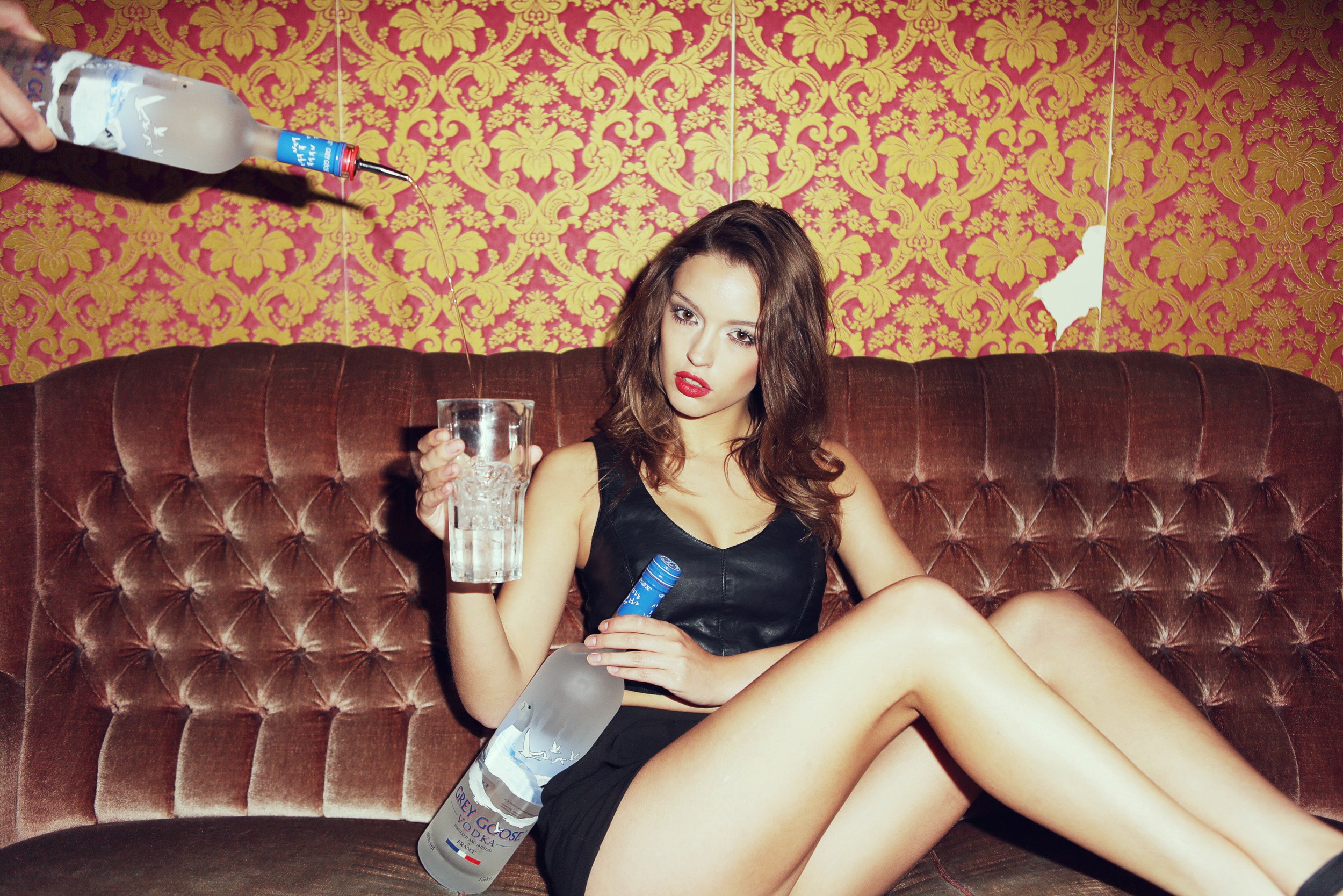Women Kazim Gunyar Brunette Black Dress Legs Couch Red Lipstick Glass Vodka Alcohol Drink Looking At 2500x1667