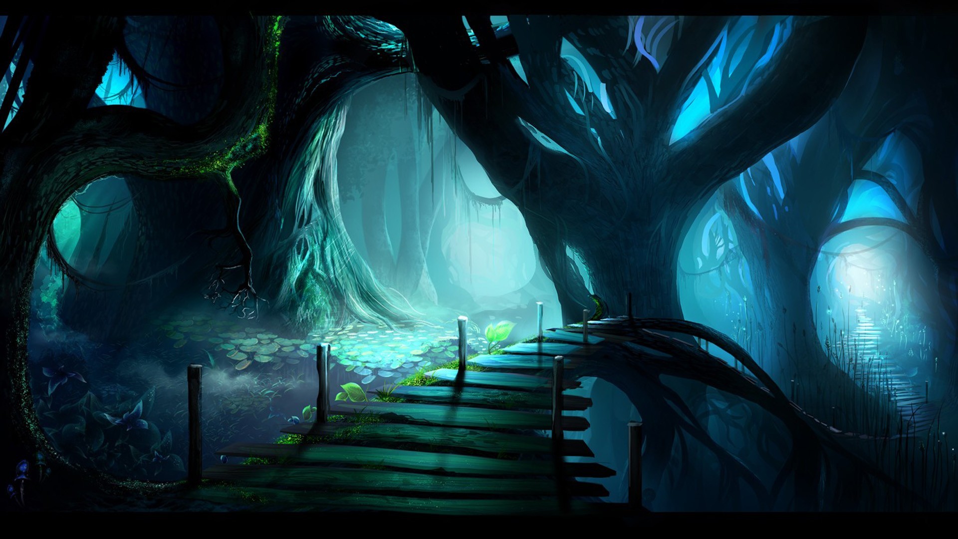 Digital Art Painting Avatar Fantasy Art Forest Deep Forest Branch Planks Path Mist Cyan Trees Roots  1920x1080