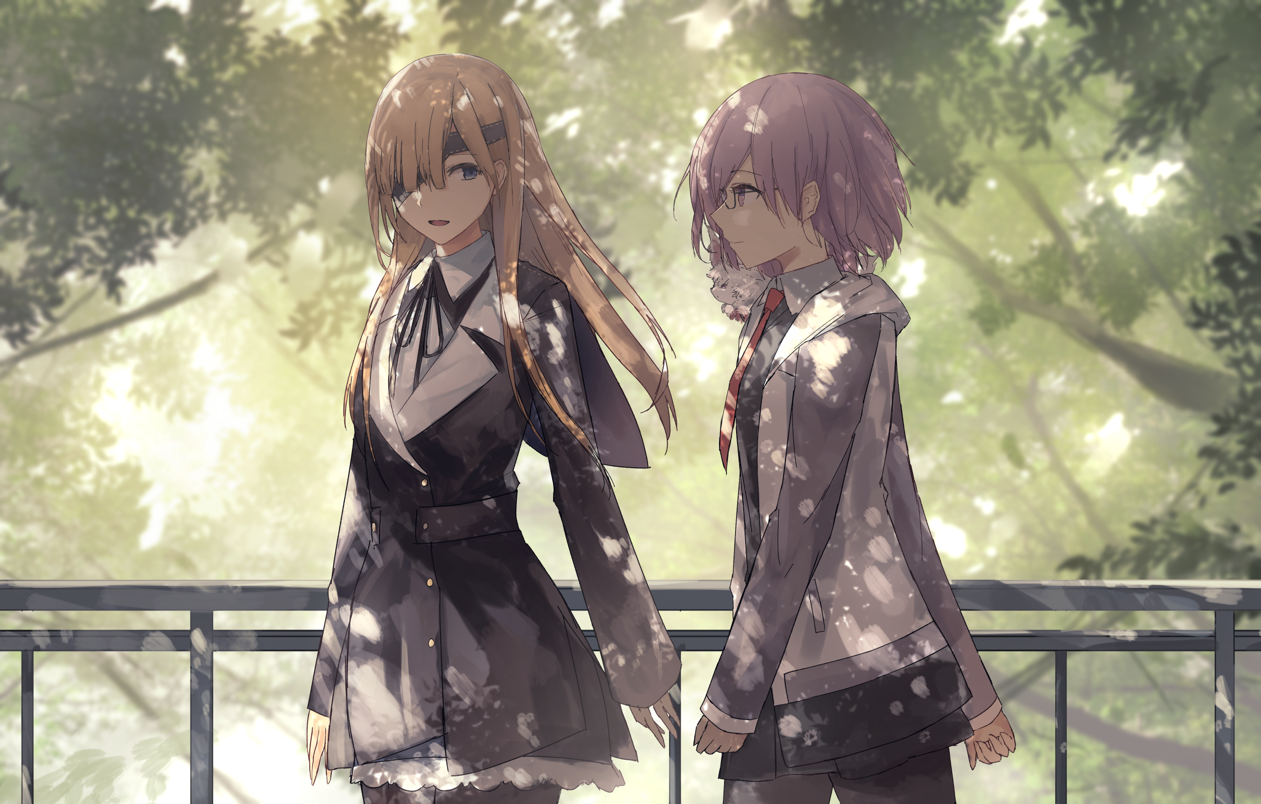 Fate Grand Order Mashu Kyrielight Dappled Sunlight Trees Walking Talking Smiling Anime Anime Girls P 2508x1600