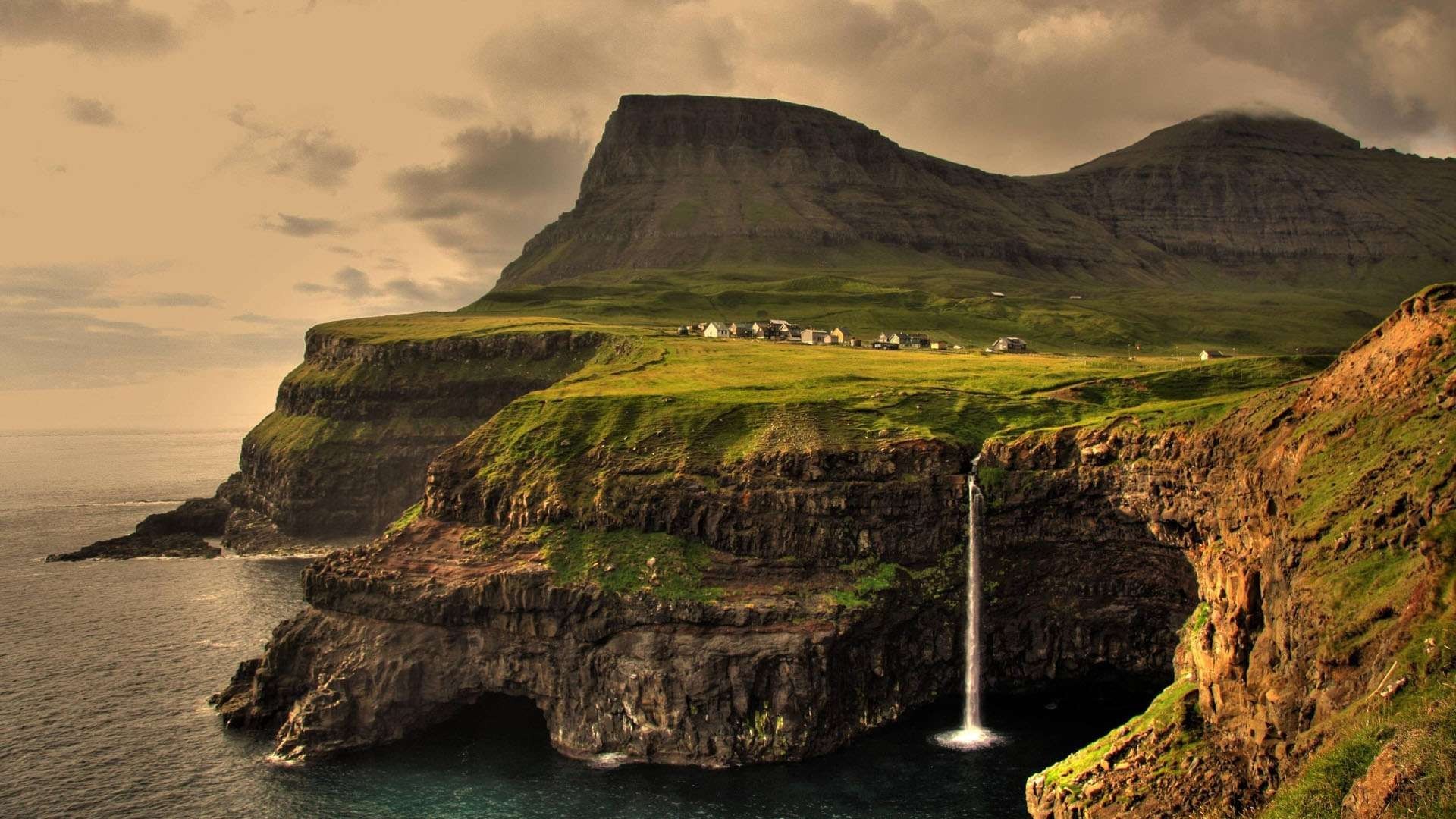 Landscape Cliff Waterfall Sea Village Nature Faroe Islands Sea 1920x1080