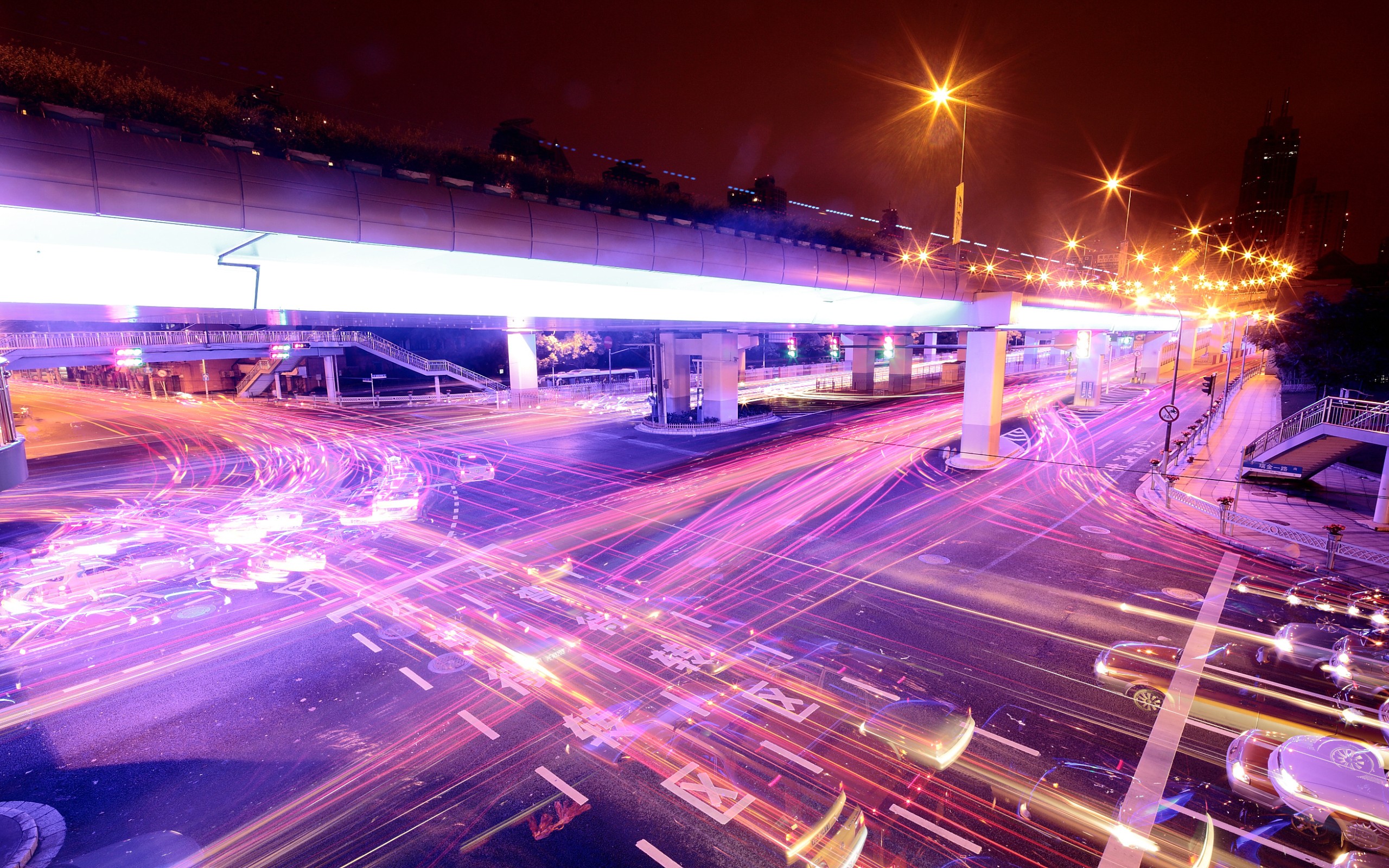 Cityscape Long Exposure Interchange Intersections Light Trails Traffic Lights Night 2560x1600