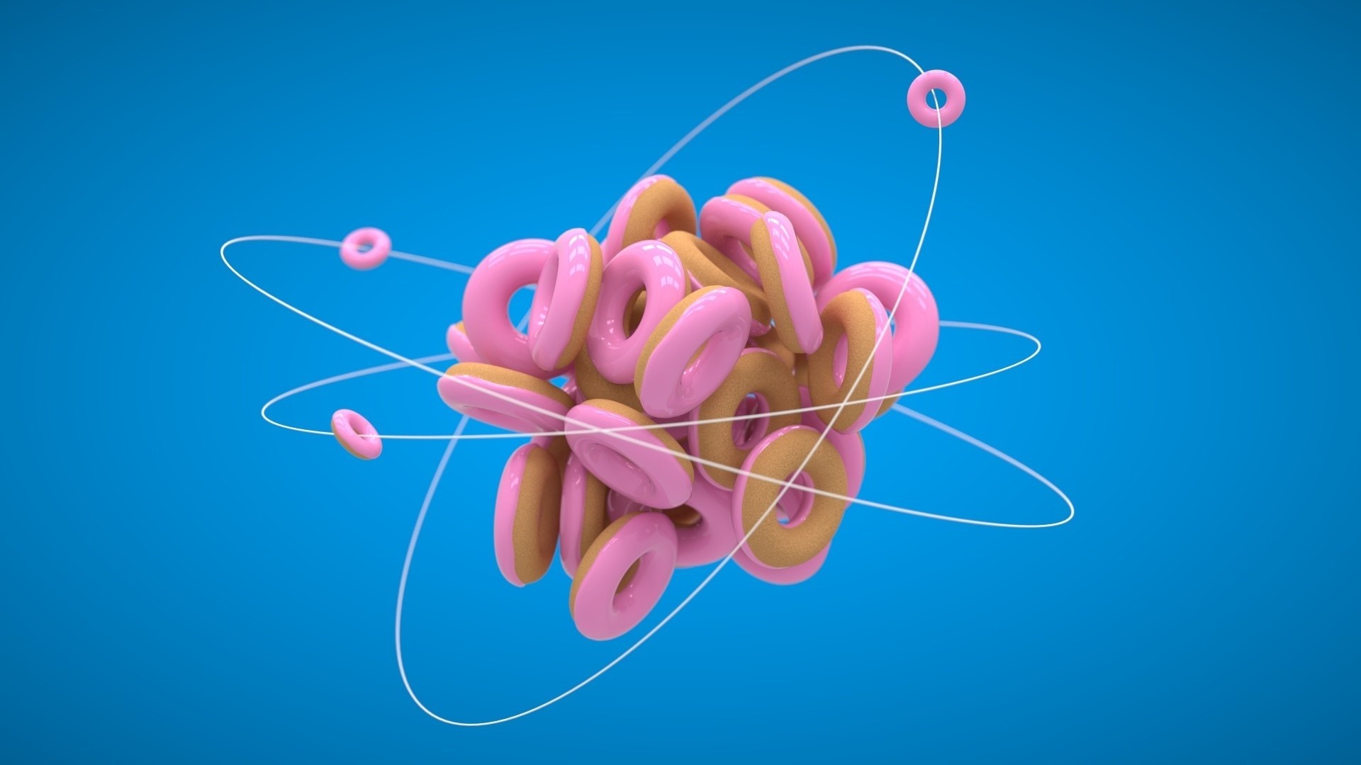 Donut Atoms Render Food Sweets Simple Background Blue Background Lines 1920x1080