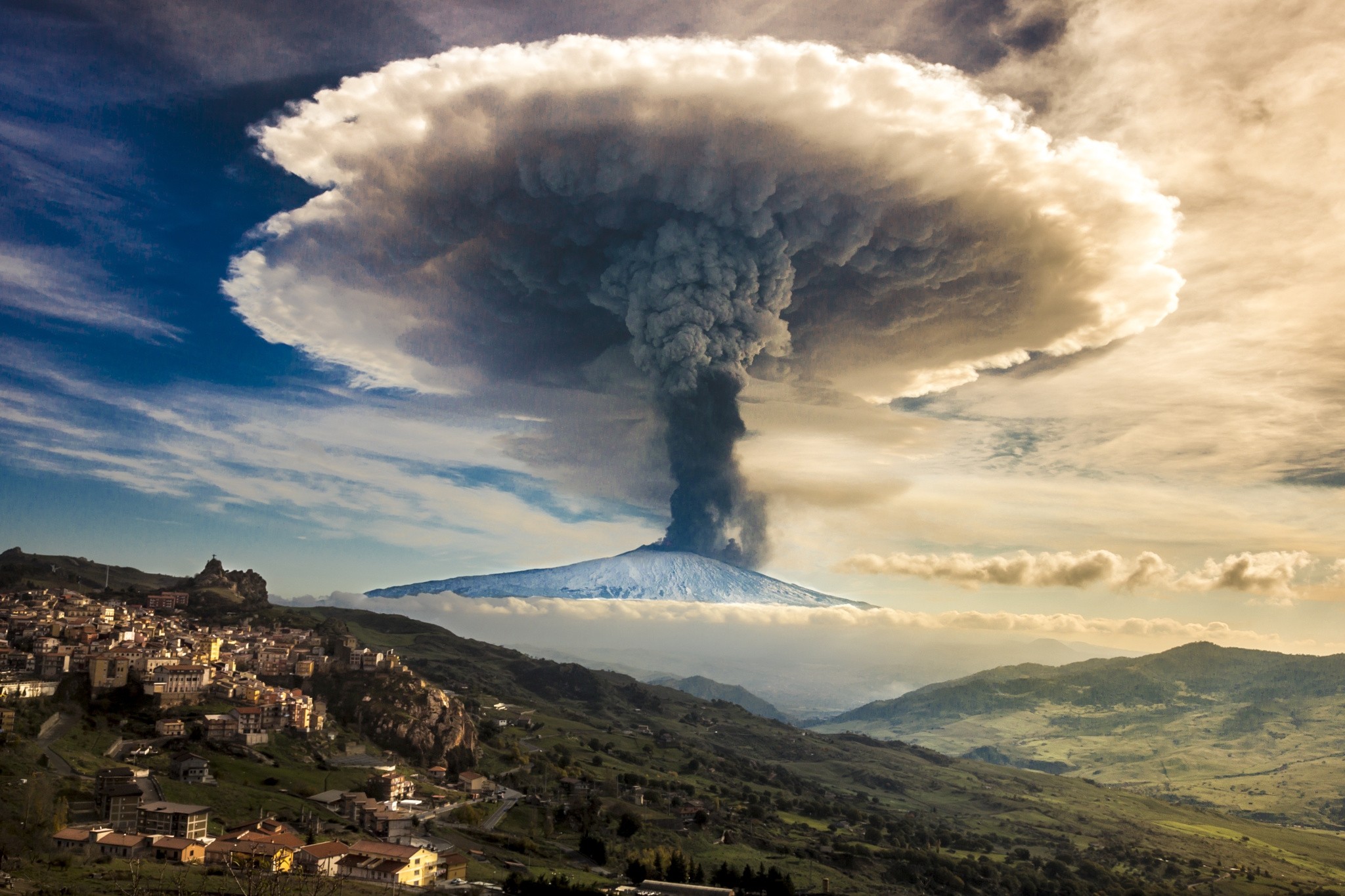 Nature Volcano Eruption Sicily Italy Snowy Peak Mushroom Smoke Sky Clouds Town Mountains Mount Etna 2048x1365