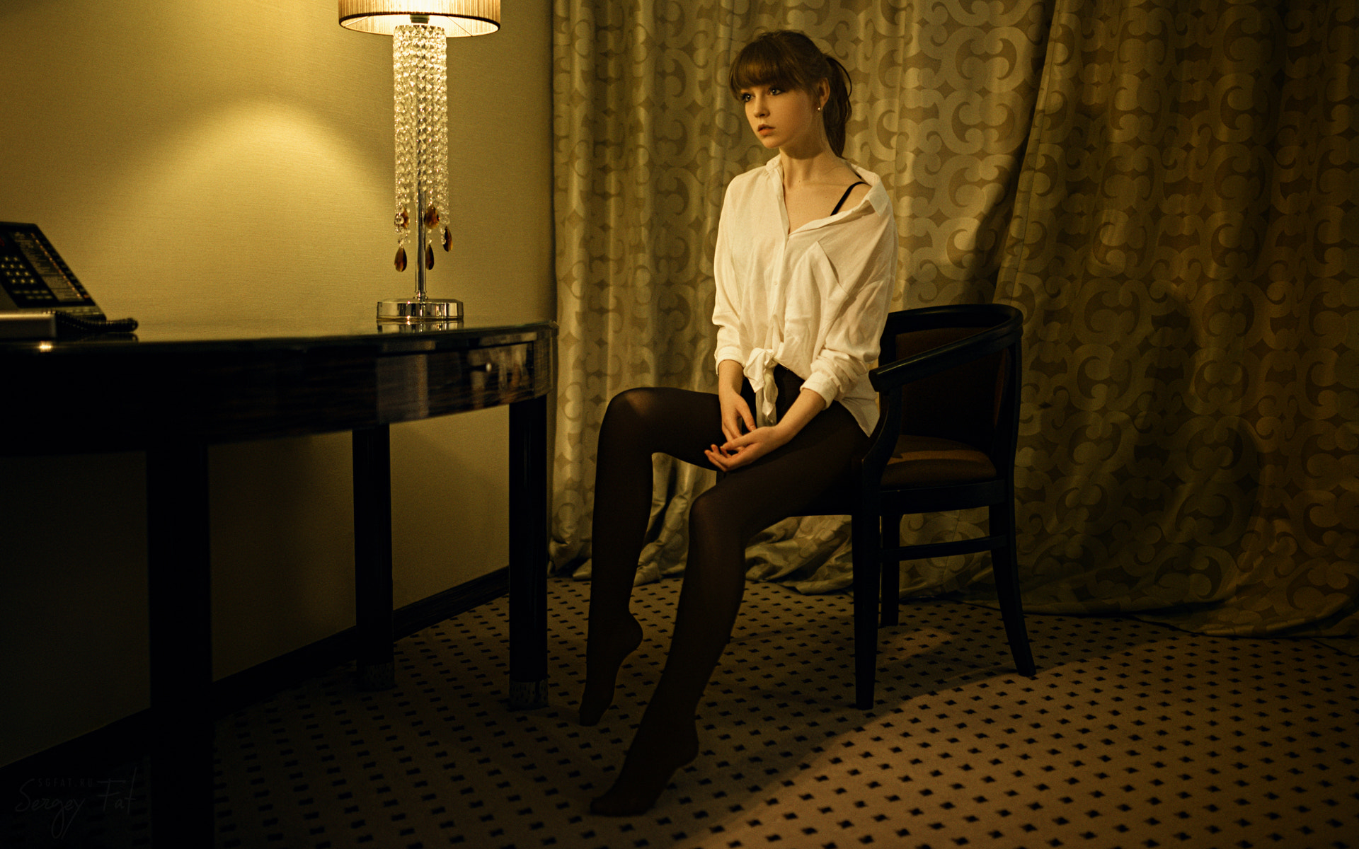 Women Model 500px Sergey Fat Lamp Chair Sitting Olya Pushkina Tiptoe Olya White Shirt Shirt 1920x1200