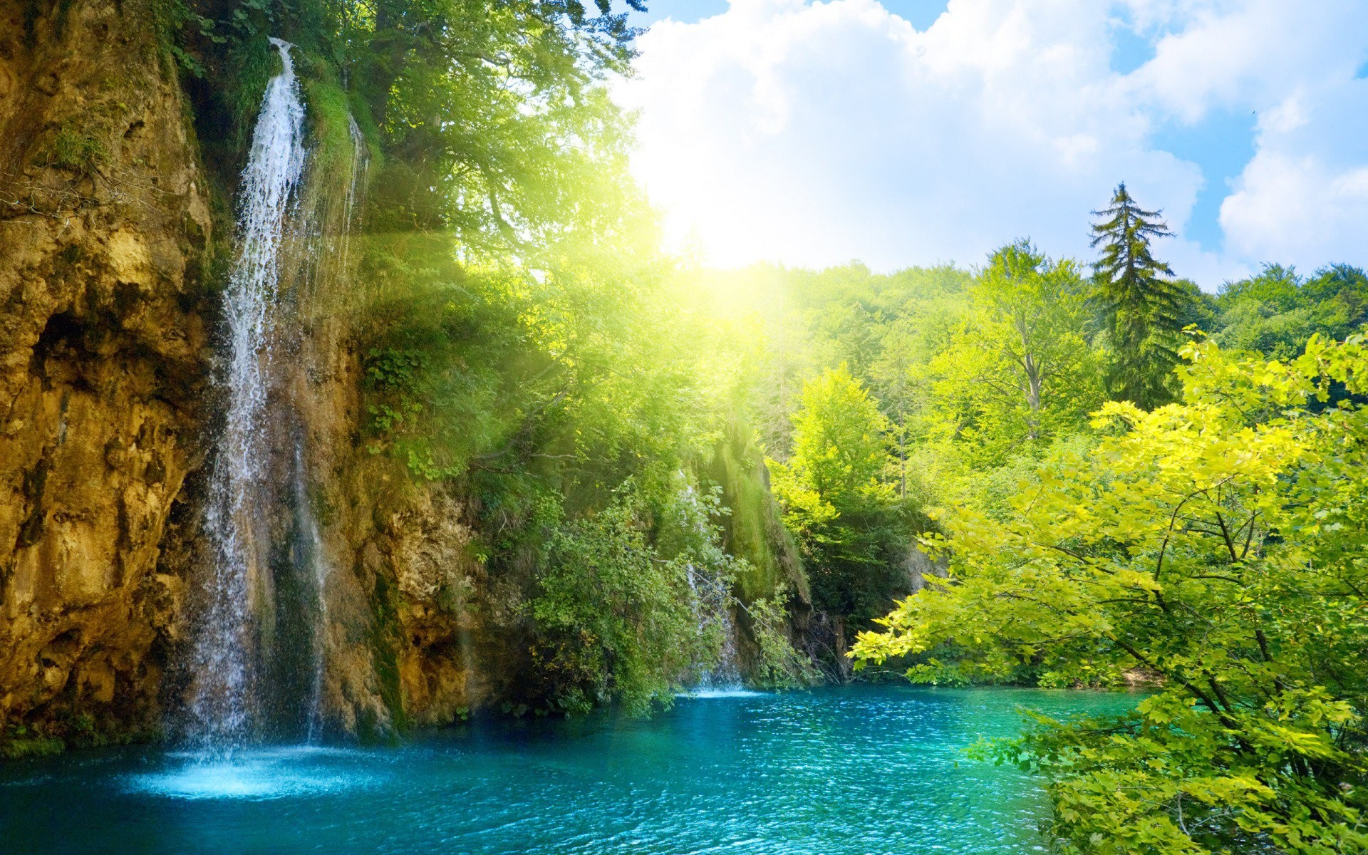 Waterfall Sun Sunlight Water Plitvice Lakes National Park 1920x1200