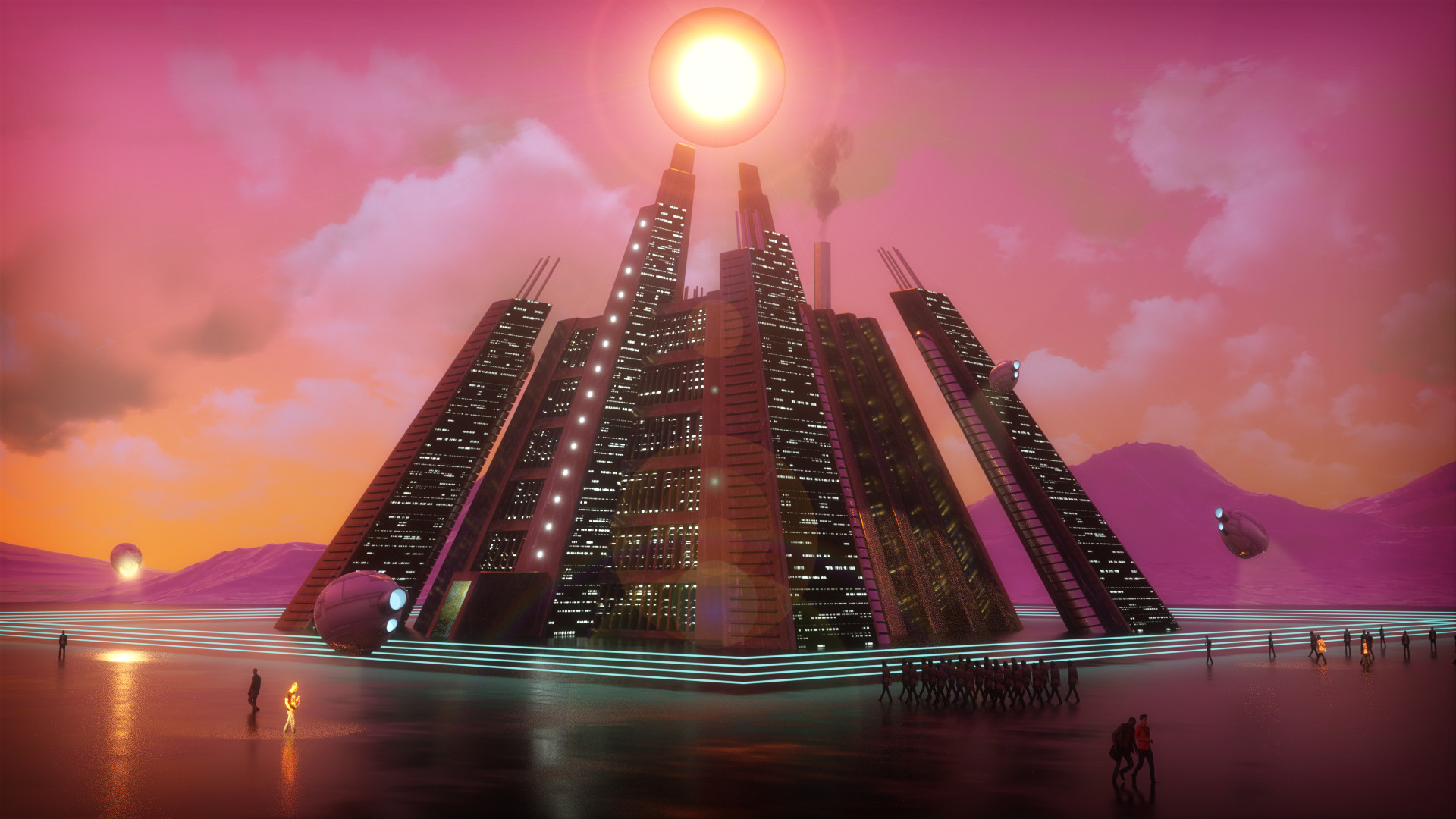 David Legnon Power Plant Cyberpunk People Bright Pyramid Clouds Red Sky Science Fiction Futuristic B 1920x1080