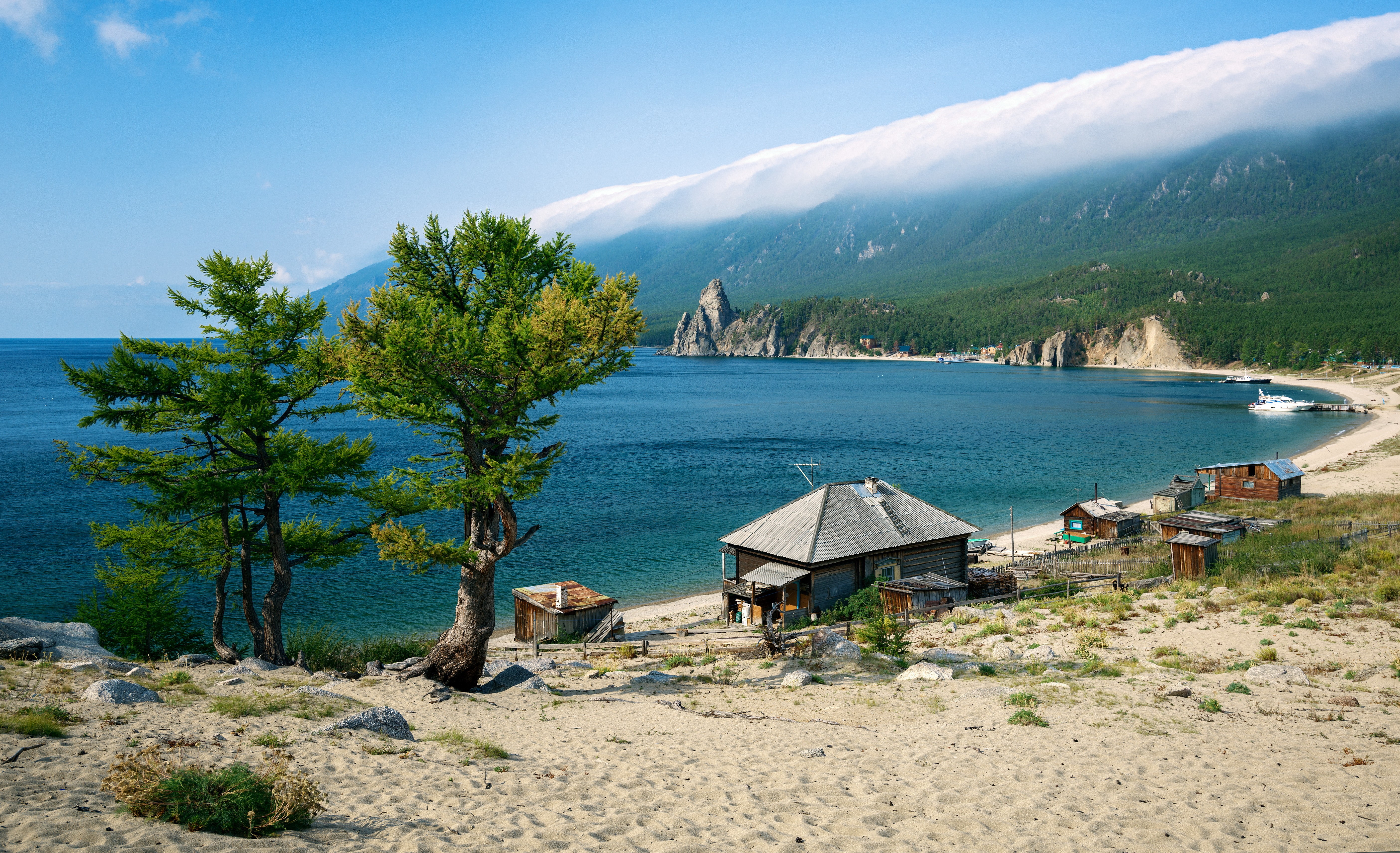 Nature Landscape Water Lake Mountains Trees Clouds Lake Baikal Russia House Boat Sand Beach Forest M 5616x3422