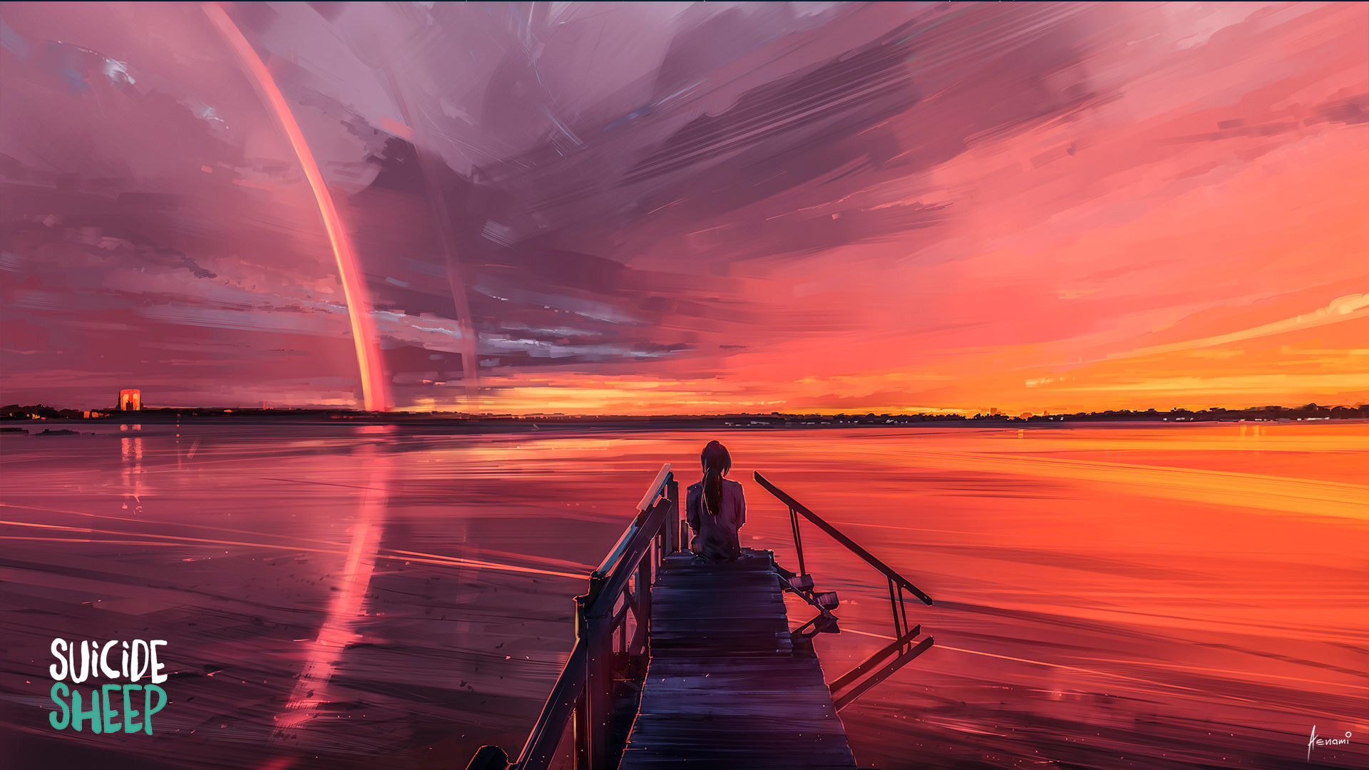 Digital Art Artwork Aenami Sunset Landscape Sea Sky Suicide Sheep Pier 1920x1080
