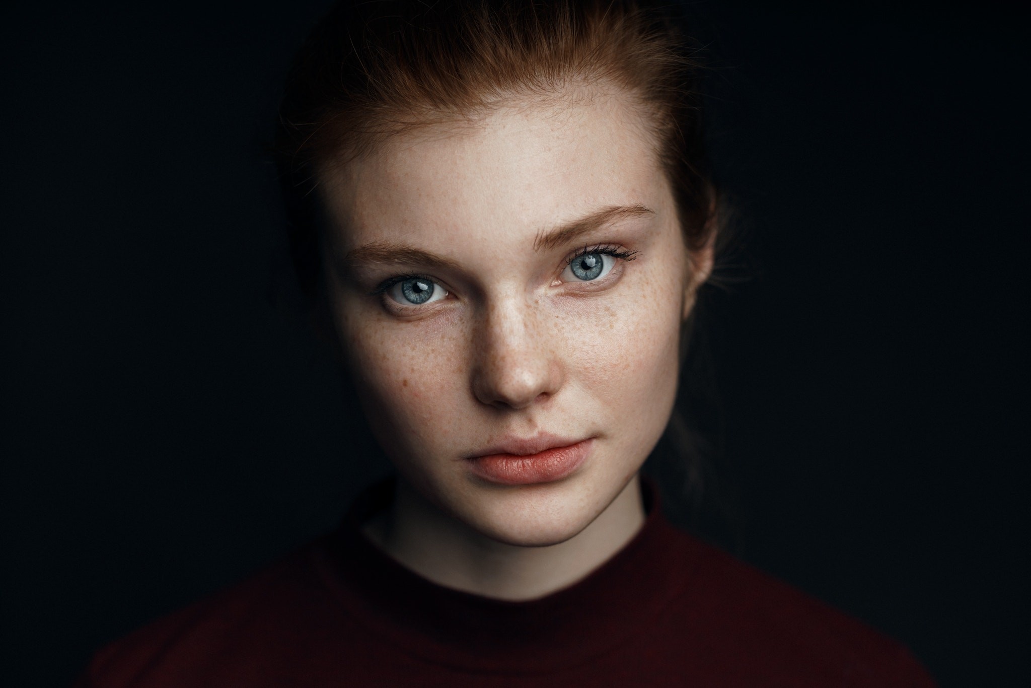 Women Face Portrait Black Background Blue Eyes Freckles Daria Milky Looking At Viewer Babak Fatholah 2048x1366