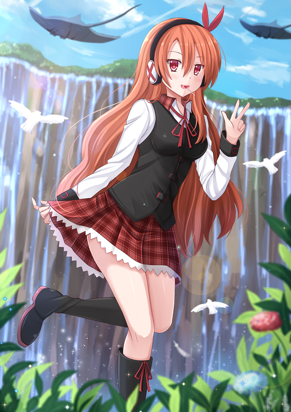 Anime Girls Anime Akame Ga Kill Akame Akame Ga Kill Chelsea Fan Art School Uniform Redhead Waterfall 945x1337