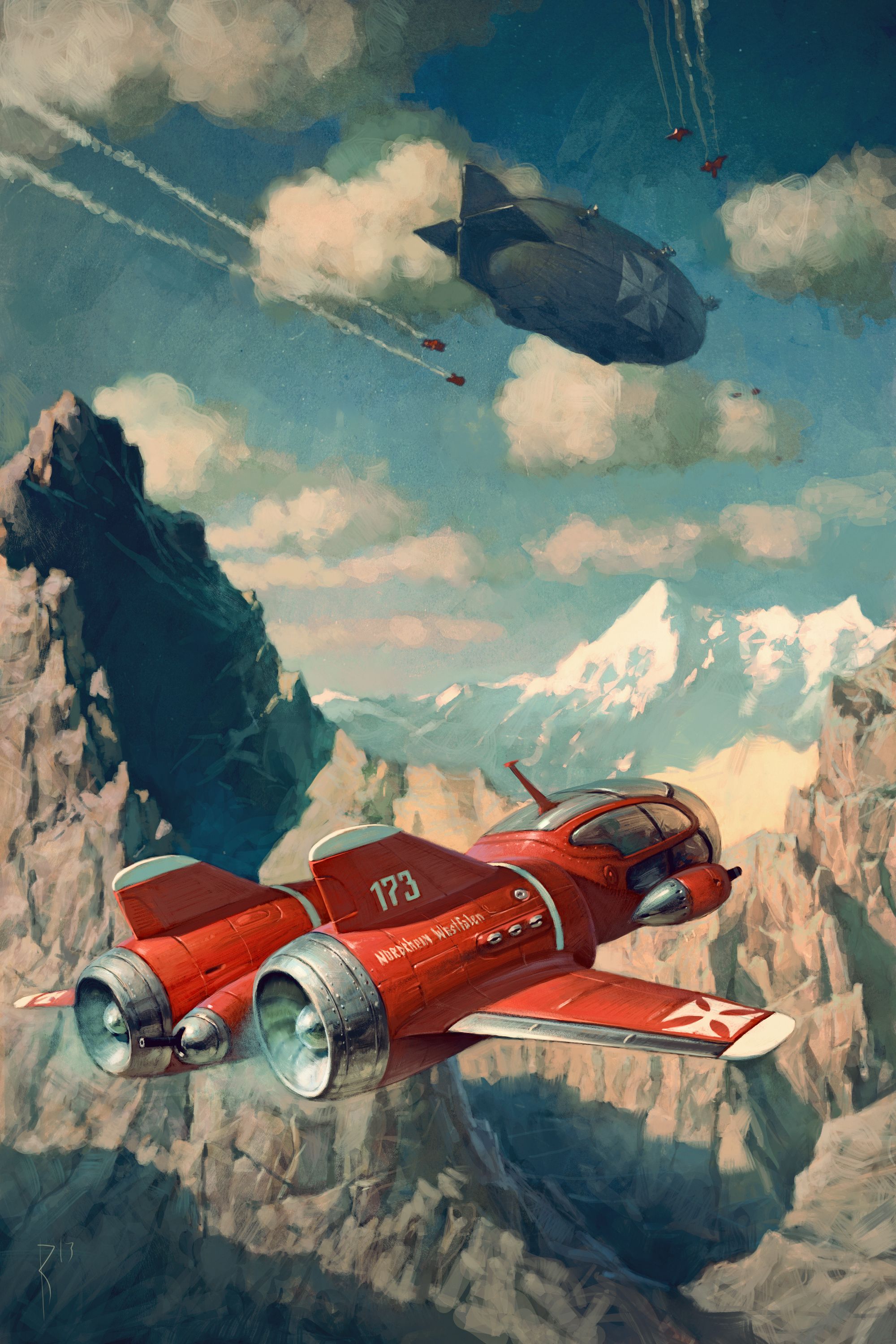 Artwork Cartoon Waldemar Von Kazak Painting Digital Art Airplane Aircraft Zeppelin Mountains Portrai 2000x3000