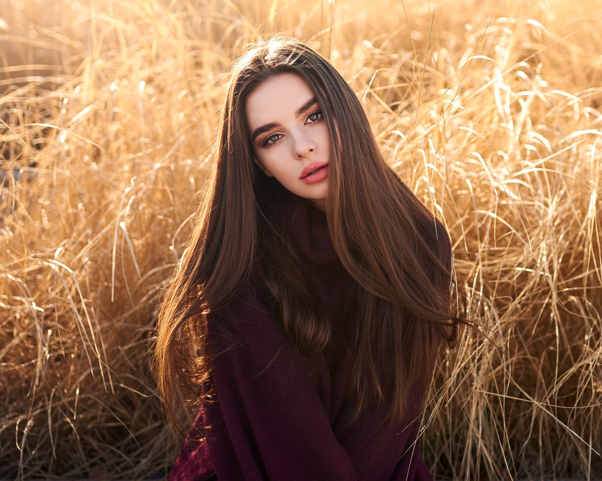 Women Model Brunette Long Hair Looking At Viewer Portrait Pink Lipstick Sweater Dry Grass Depth Of F 2048x1638