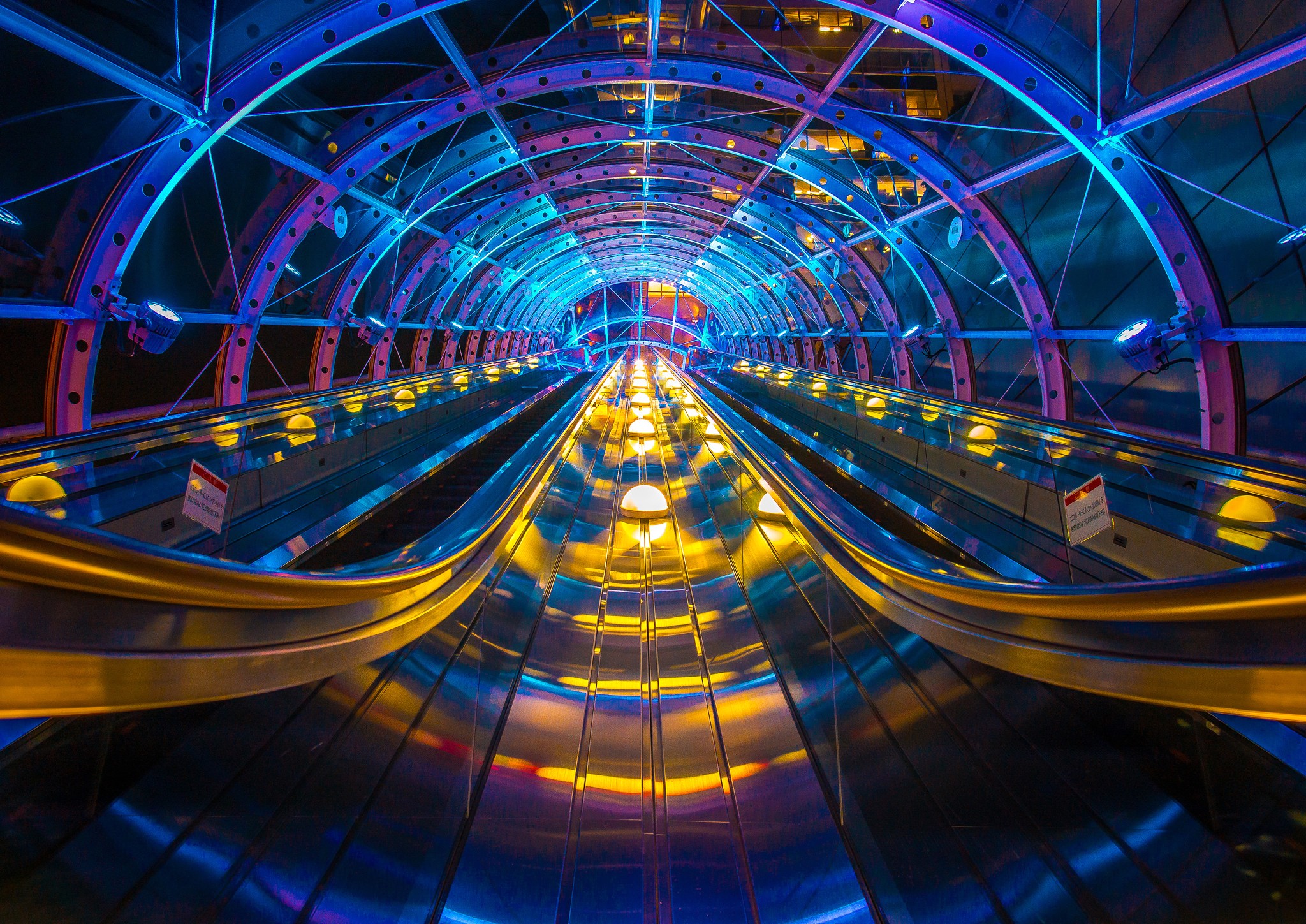 Tunnel Colorful Architecture Lights Escalator 2048x1449
