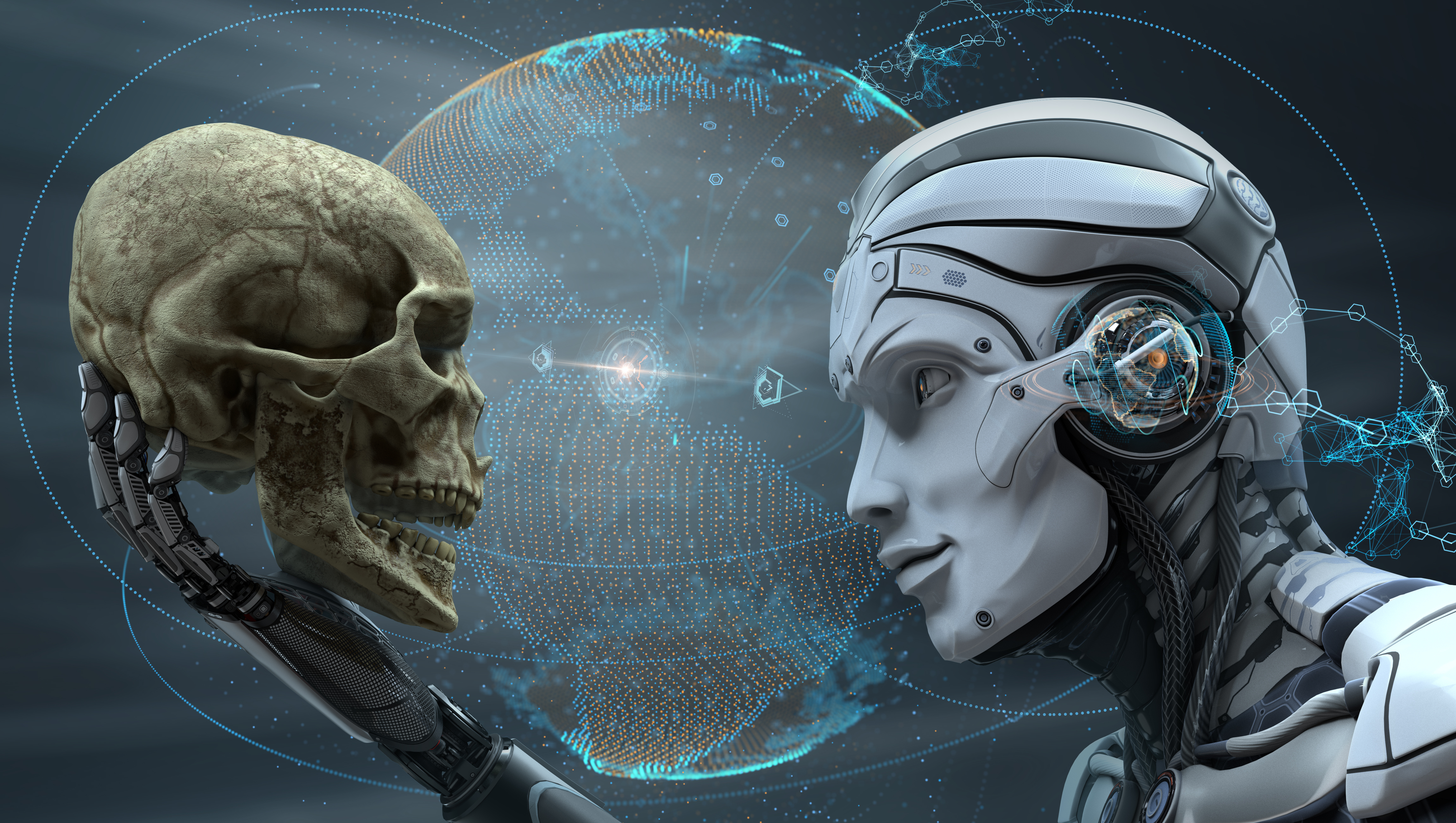 Cyborg Skull Futuristic Evolution Robot Tech Human Android William Shakespeare Digital Art 4600x2600
