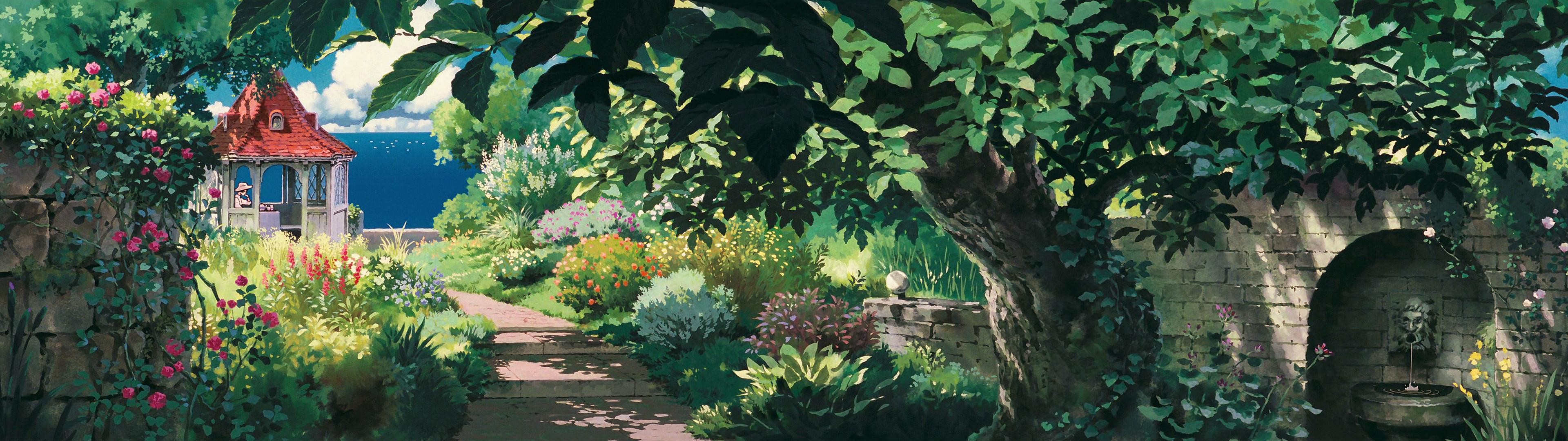 Studio Ghibli Porco Rosso Multiple Display Garden Gazebo Path 3840x1080
