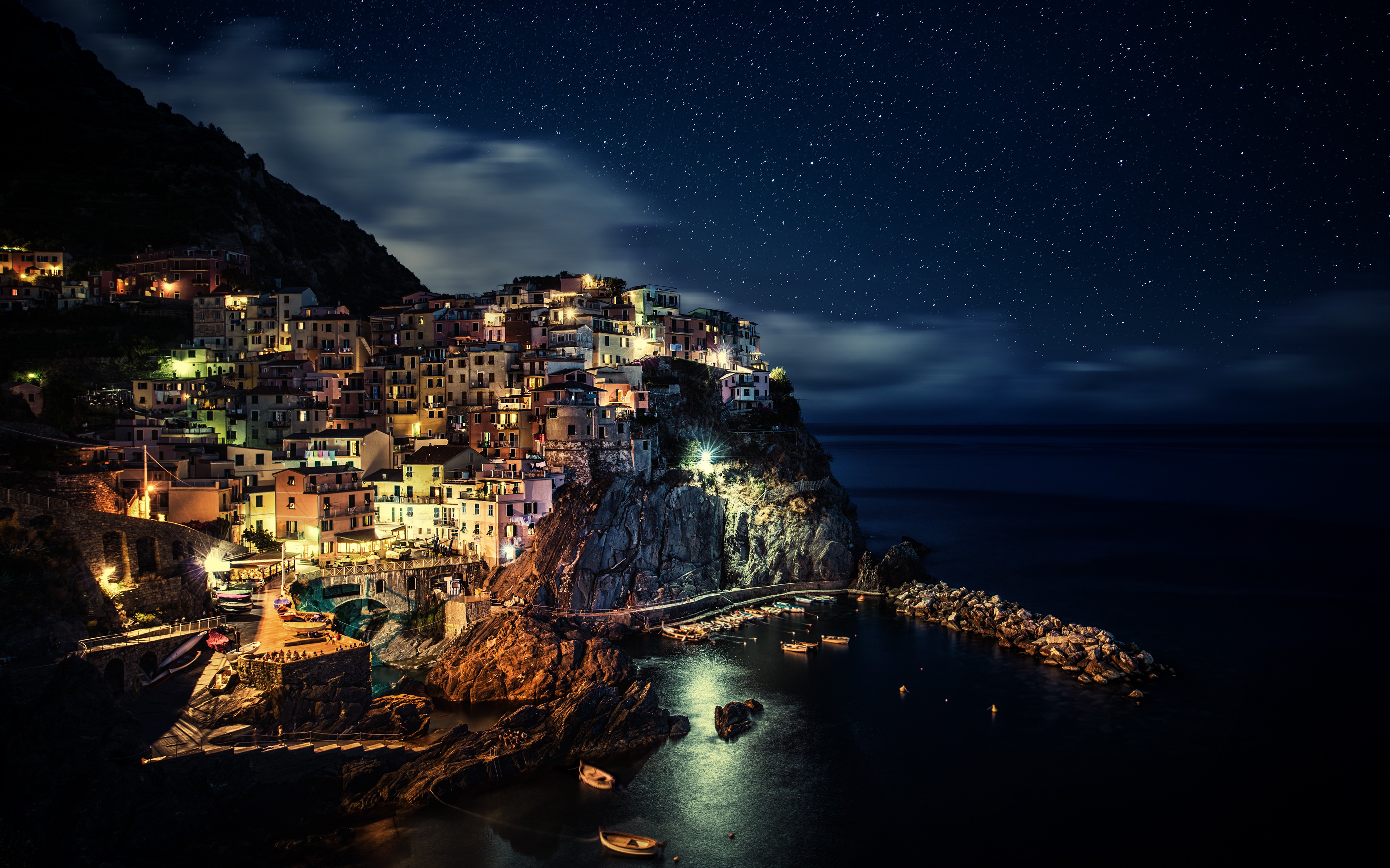 Italy Night Manarola Coast City Cinque Terre Dominic Kamp Village Stars Outdoors Sky 3840x2400