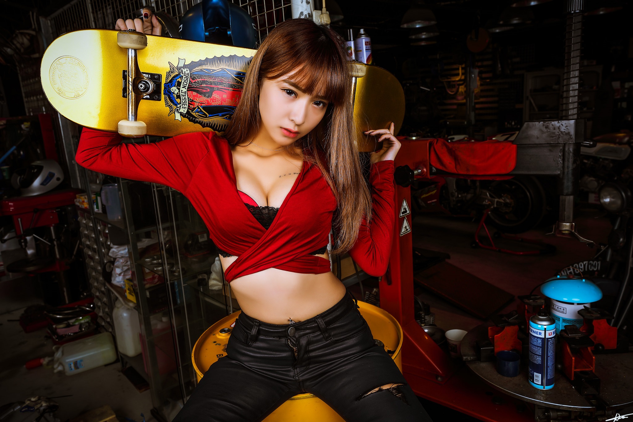 Asian Women Model Brunette Long Hair Looking At Viewer Red Tops Leather Pants Sitting Skateboard Gar 2048x1366