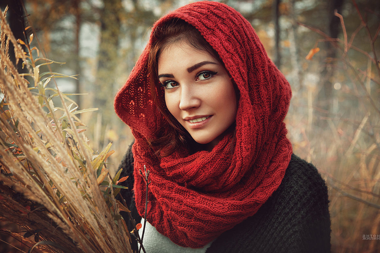 Anton Zhilin Women Brunette Red Sweater Wool Dry Brown Eyes Smiling Hoods 1280x853