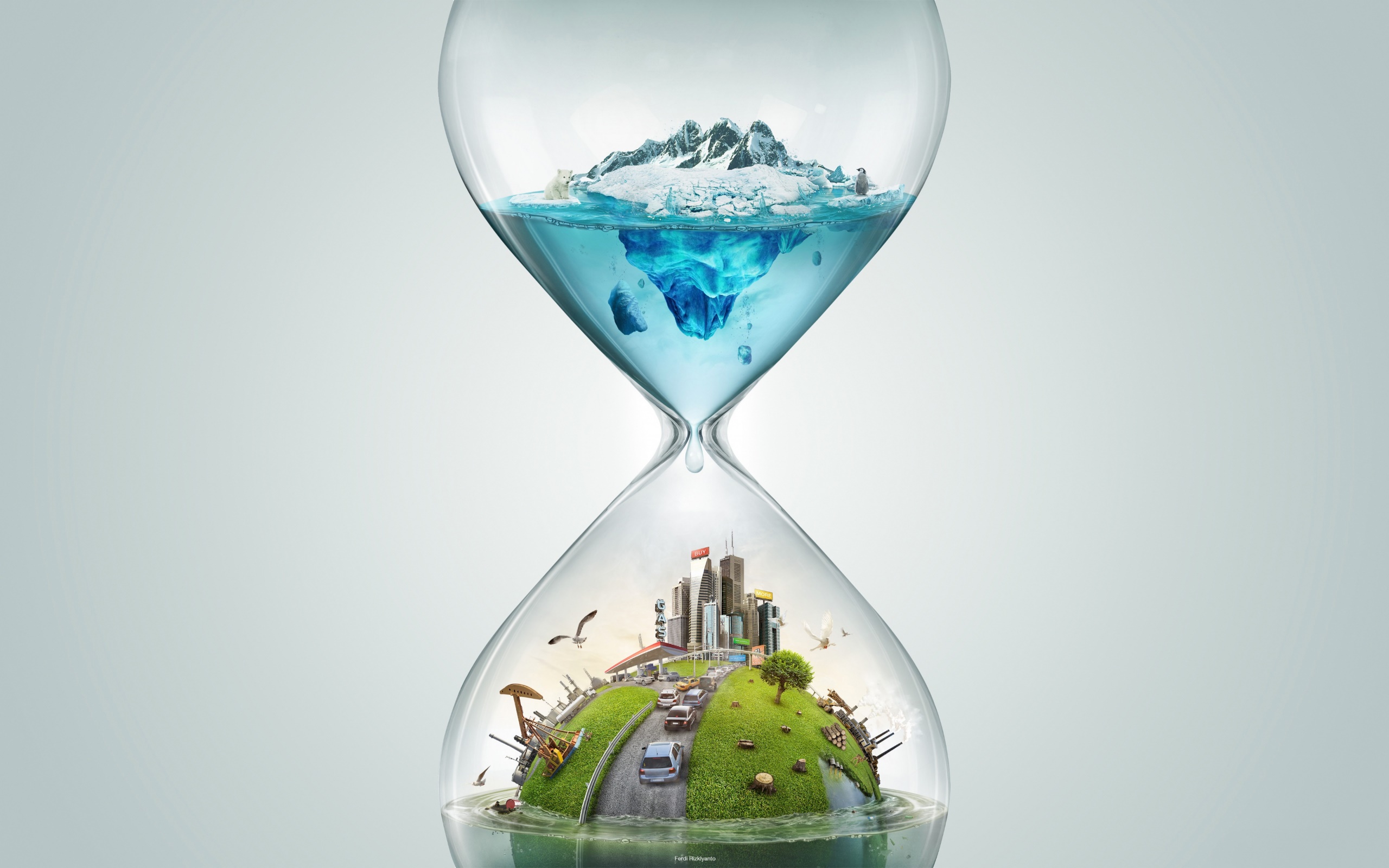 Hourglasses Digital Art Nature Simple Background City Iceberg Cyan Global Warming Politics Oil Pump  2560x1600
