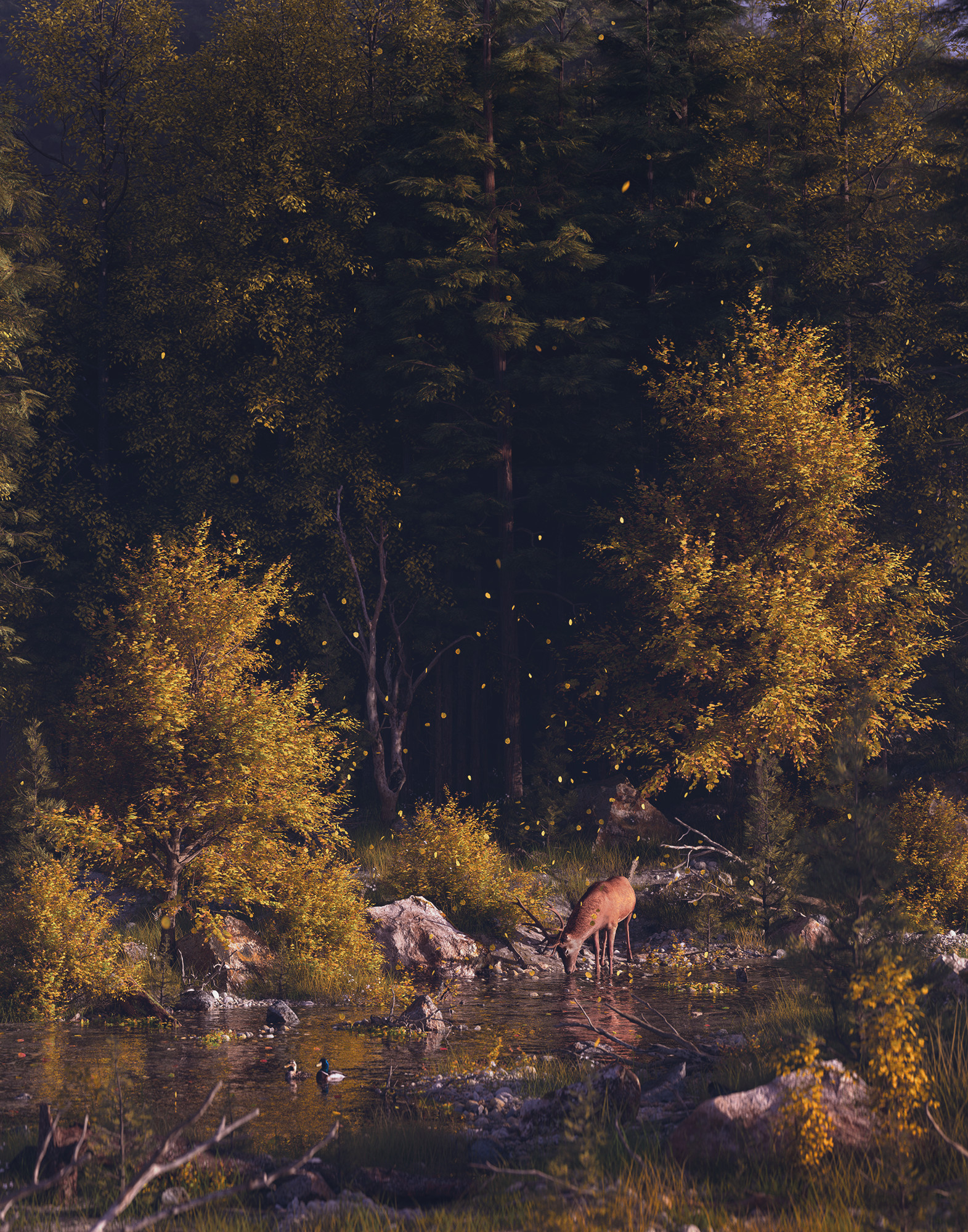 Digital Concept Art Artwork Trees Rocks Deer Leaves Fall Forest Foliage River Mallard Duck Plants Bo 1571x2000