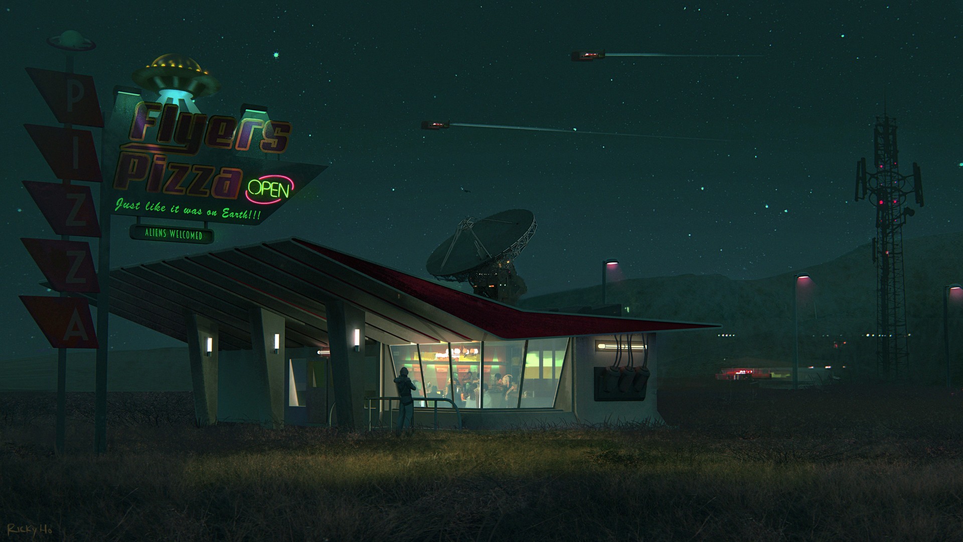 Digital Art Science Fiction Pizza Spaceship Satellite Night House Stars Neon Text 1920x1080