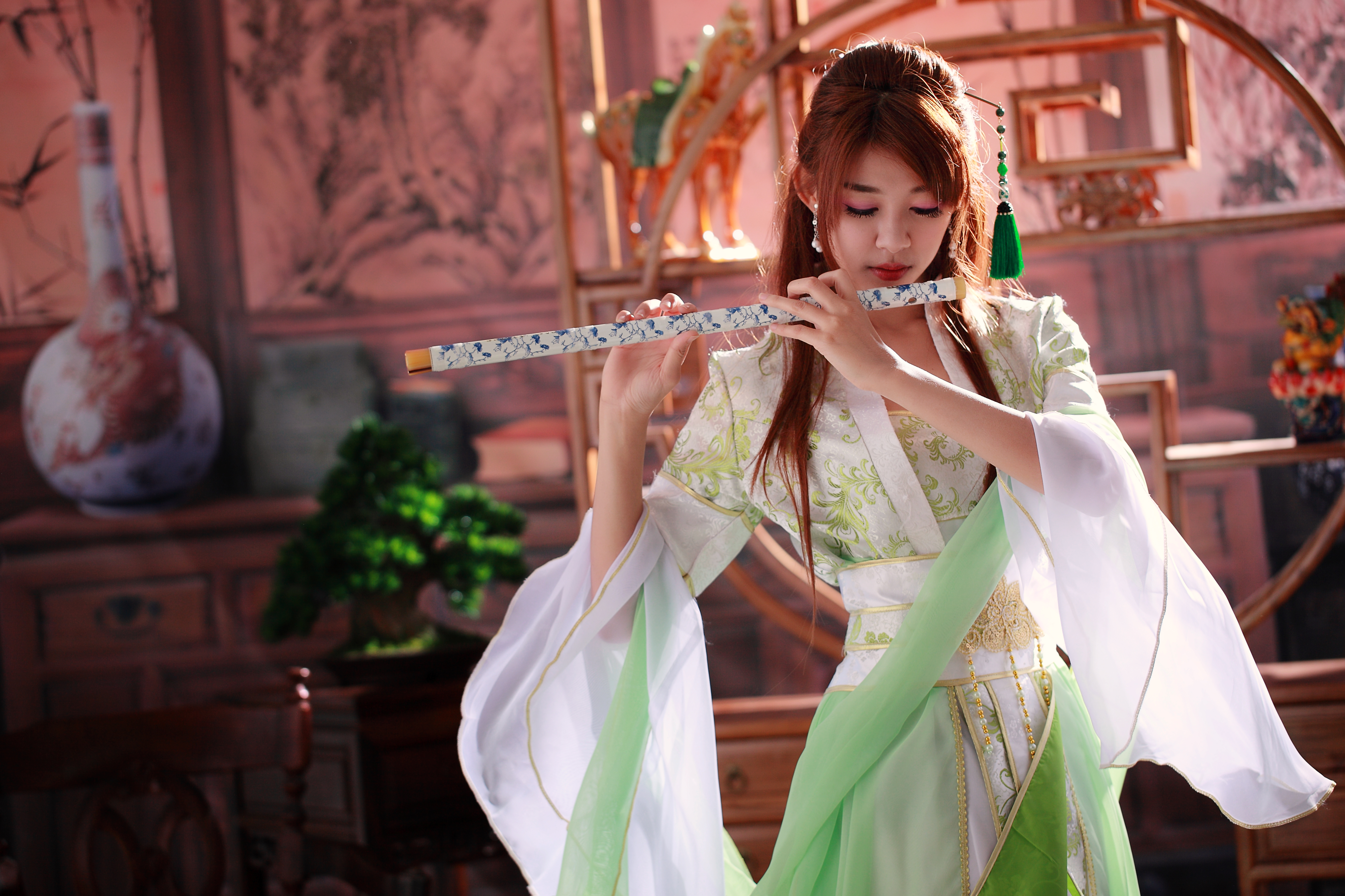 Girl Woman Asian Flute Musician National Dress Xi O Z 5352x3568