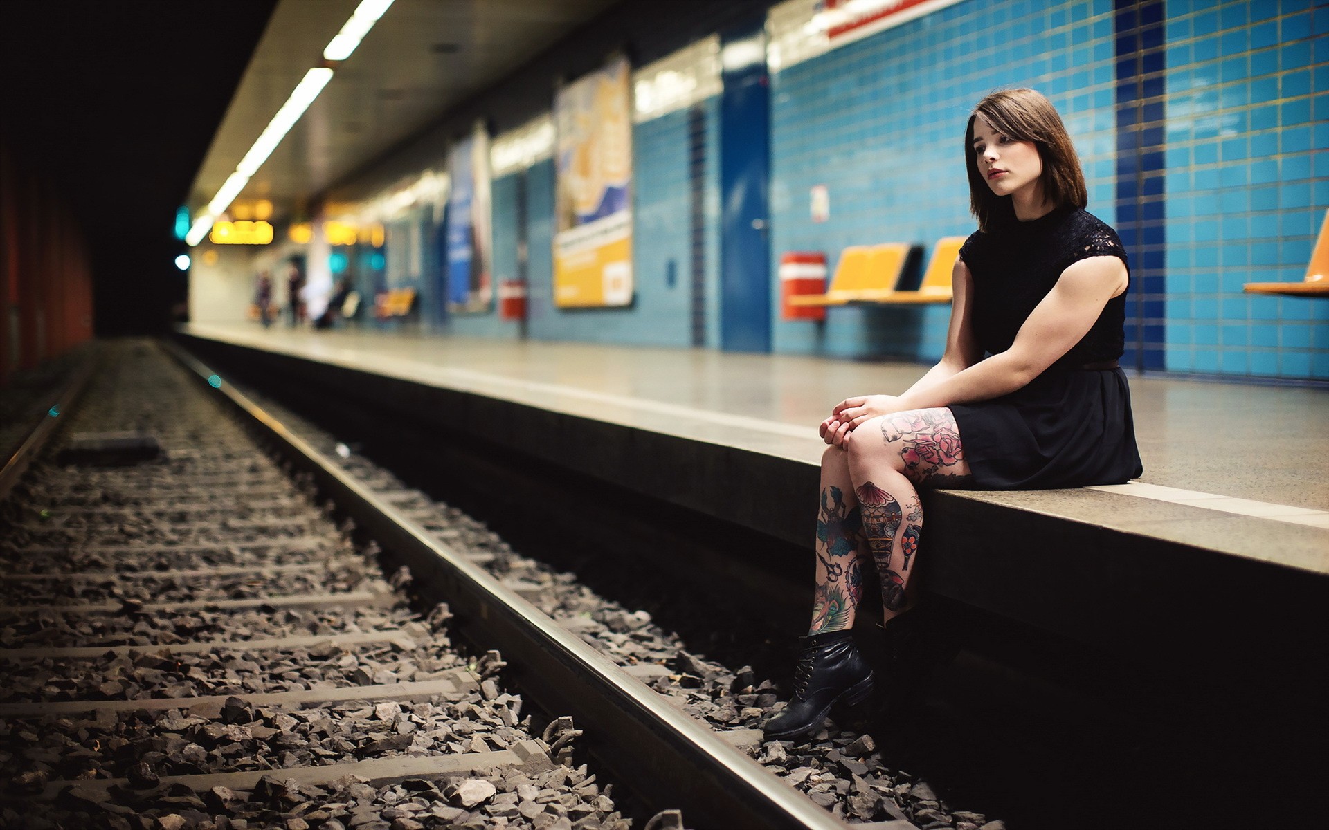 Subway Train Station Railway Women Tattoo Brunette Sitting Black Dress Women Dress Introvert Model S 1920x1200