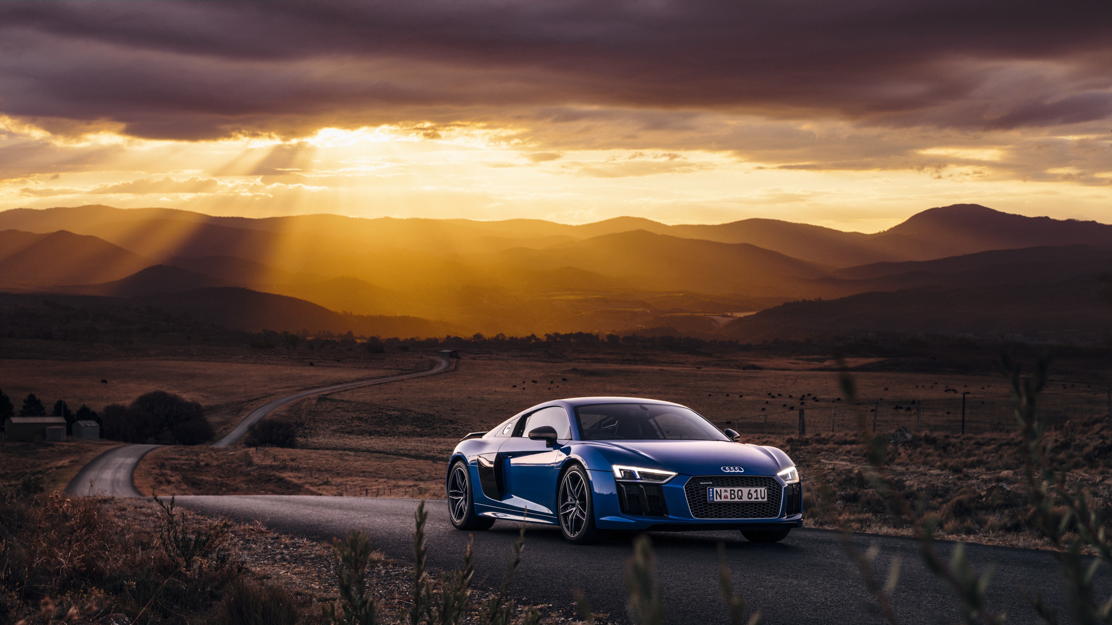 Car Sports Car Super Car Nature Landscape Road Clouds Audi Audi R8 Field Mountains Hills Sun Rays Pl 3840x2160