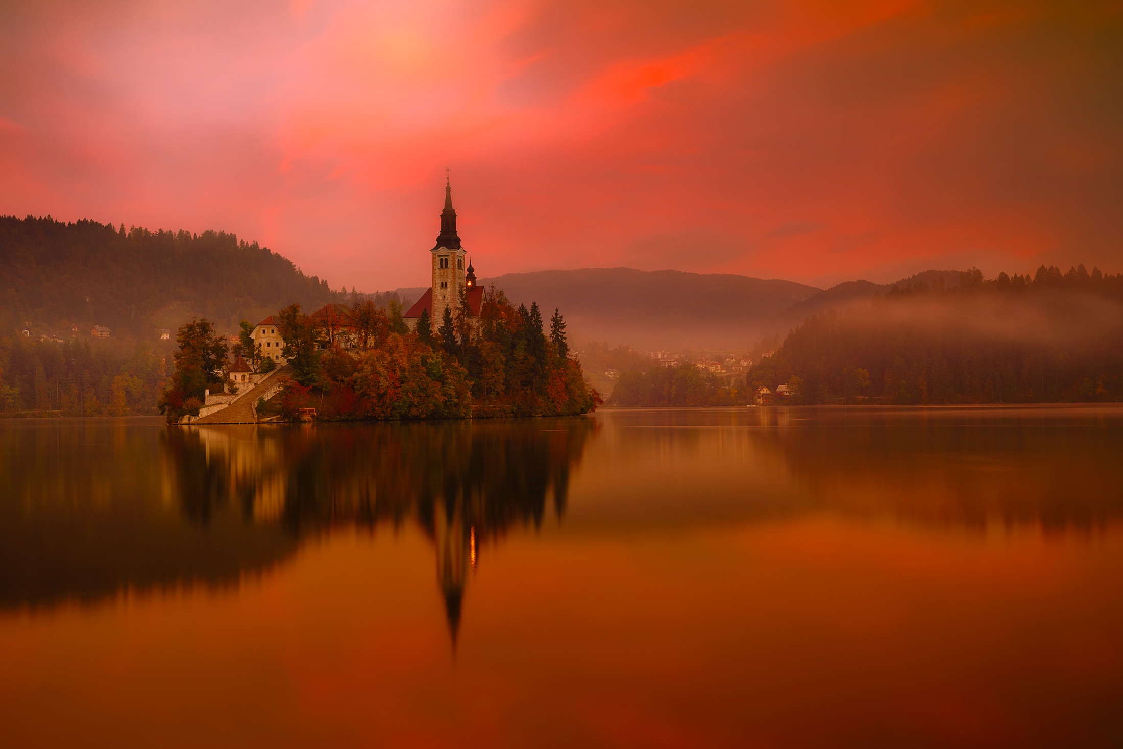 Assumption Of Mary Church Lake Bled Slovenia Orange Color Reflection Religious 2200x1467