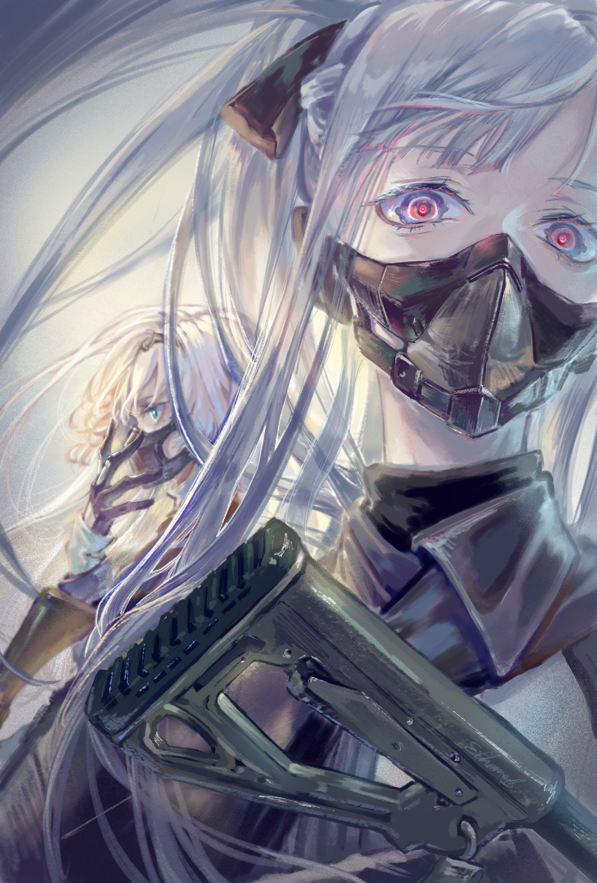 Portrait Display Gun Mask Anime Girls Girls Frontline Digital Art Artwork Vertical AK 12 Long Hair R 1181x1748