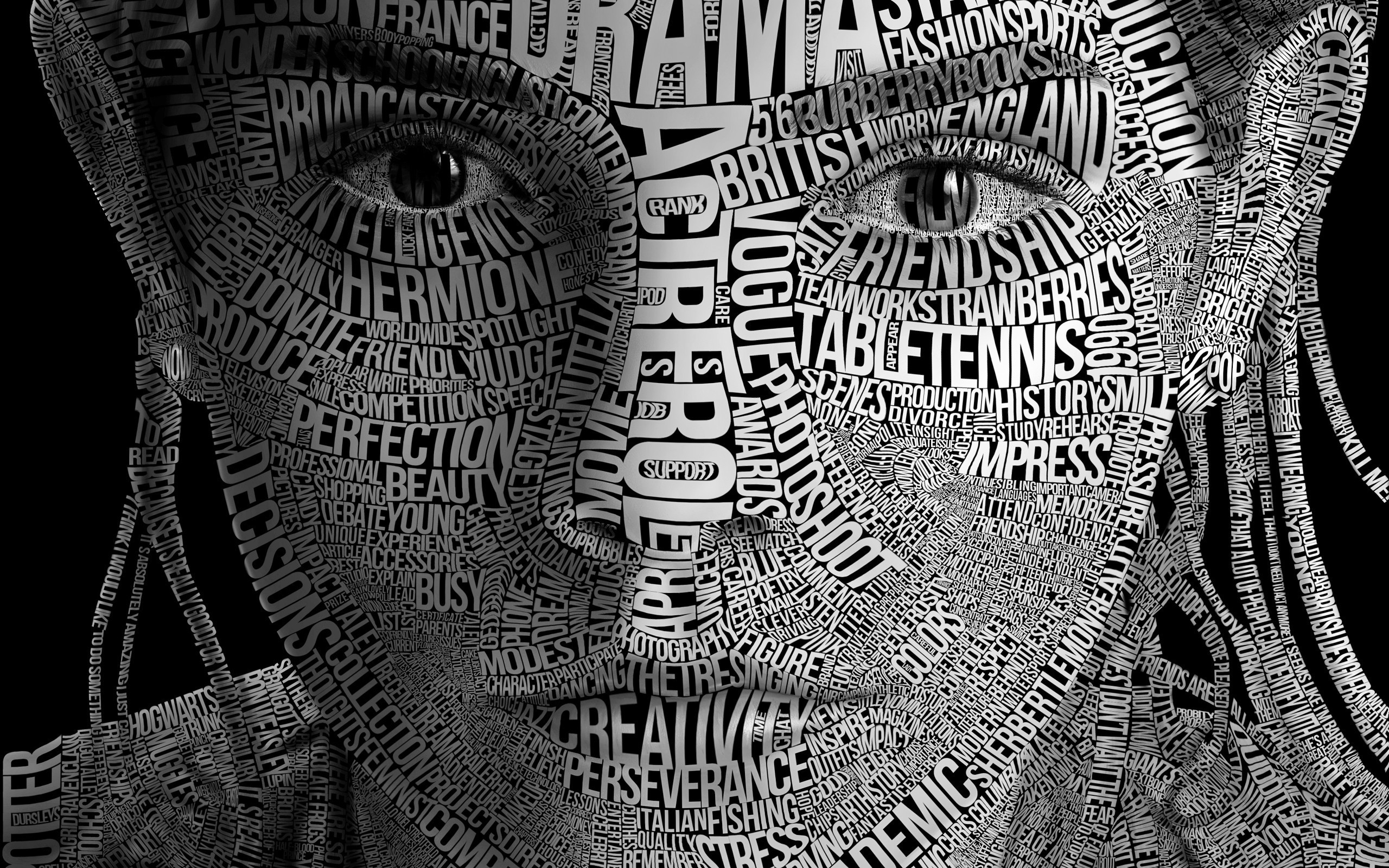 Typography Artwork Emma Watson Typographic Portraits Women Face Typography Emma Watson Monochrome Gr 2560x1600