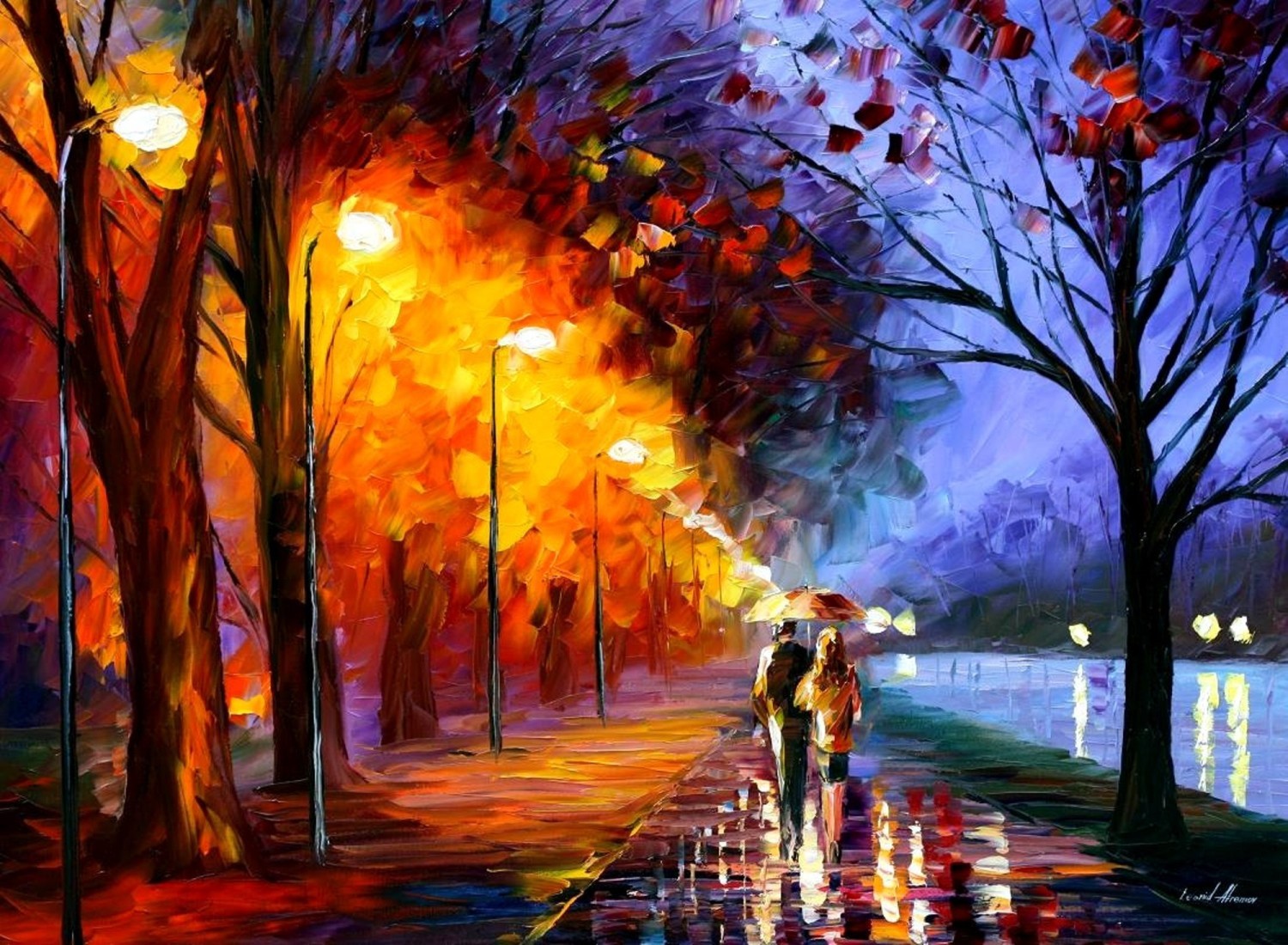 Leonid Afremov Oil Painting Painting Street Light Couple Fall 1500x1100