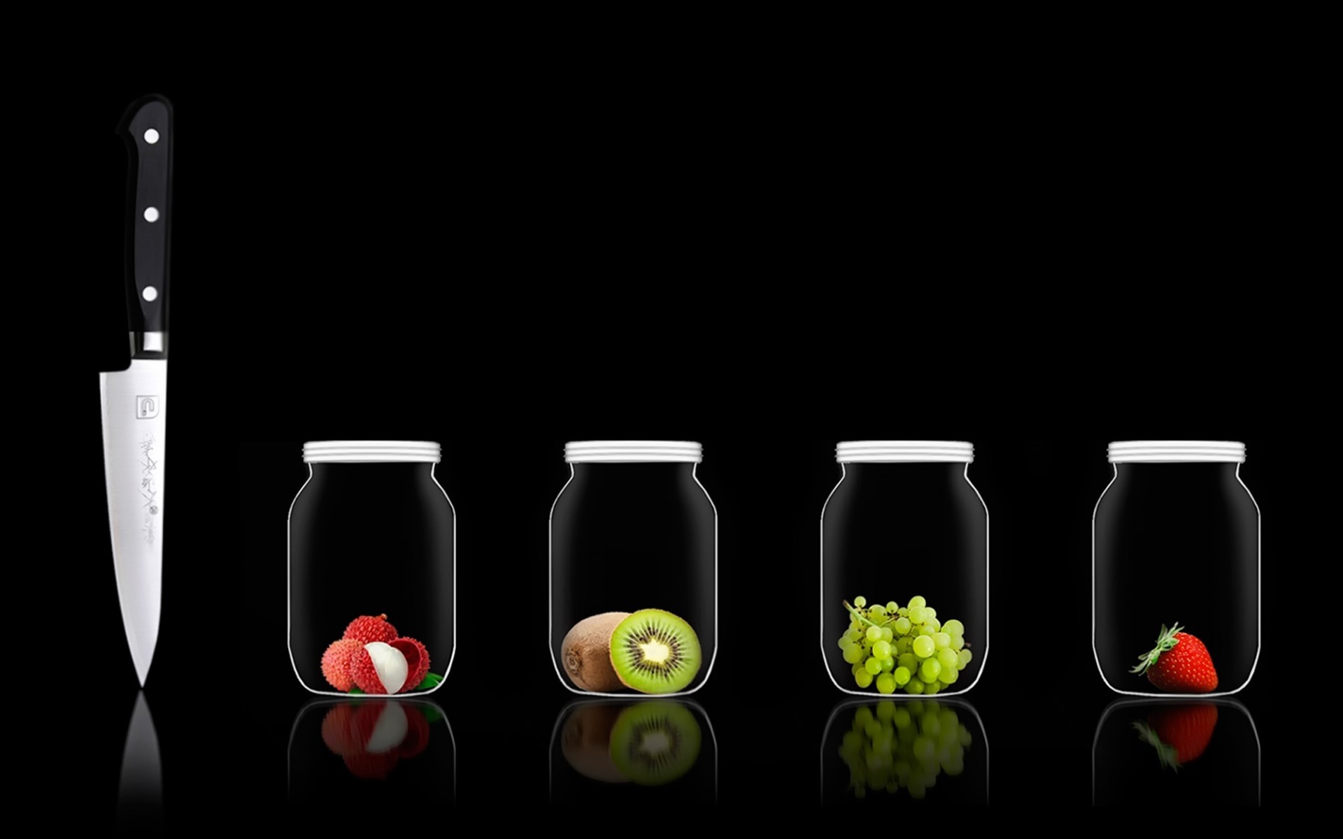 Jars Fruit Knife Kiwi Fruit Grapes Strawberries Black Background Reflection 1920x1200