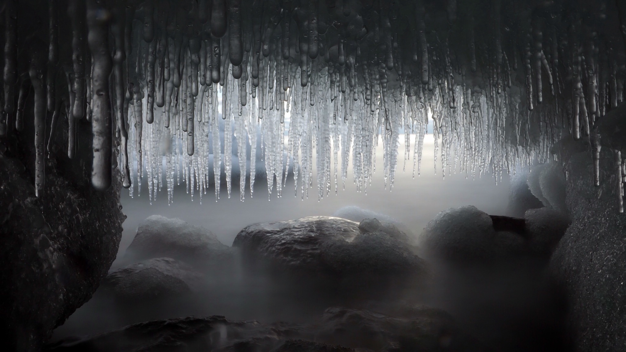 Ice Winter Stones Cave Nature Mist Icicle 2048x1152