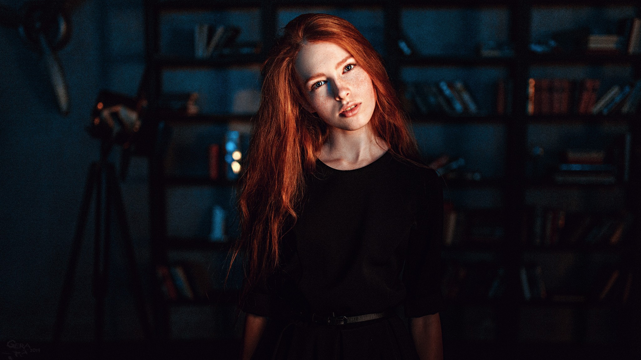 Katya Voronina Redhead Freckles Black Clothing Looking At Viewer Long Hair 2048x1152