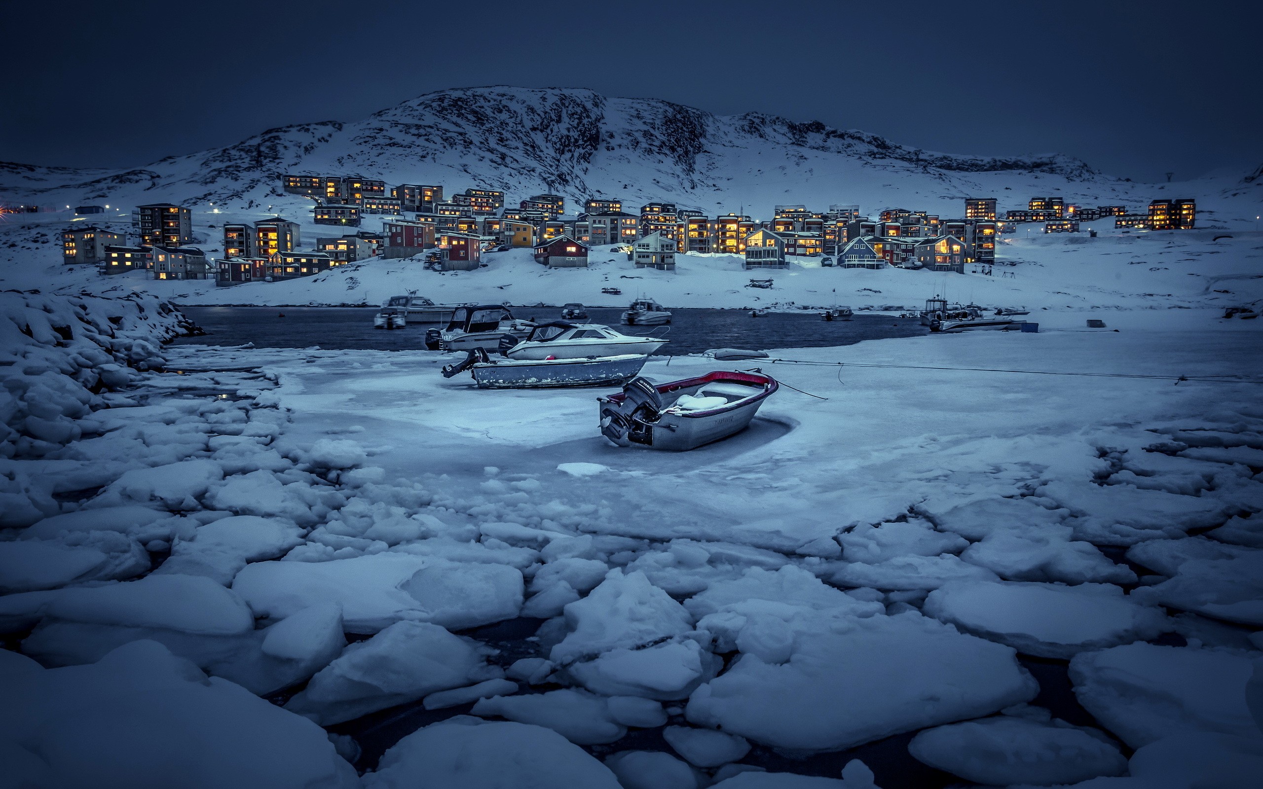 Nature Landscape Mountains Snow Water Winter Boat Greenland Evening Lights House Villages Ice 2560x1600