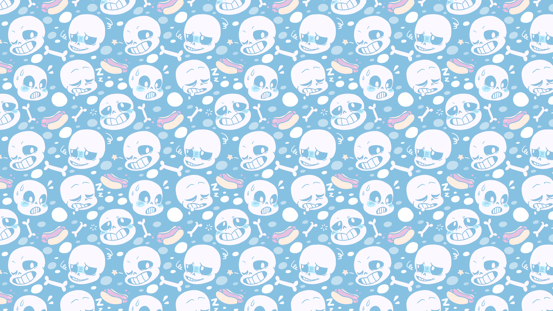 Digital Art Blue Background Faded Skull Bones Teeth Hot Dogs Stars Sleeping Face Undertale 1920x1080