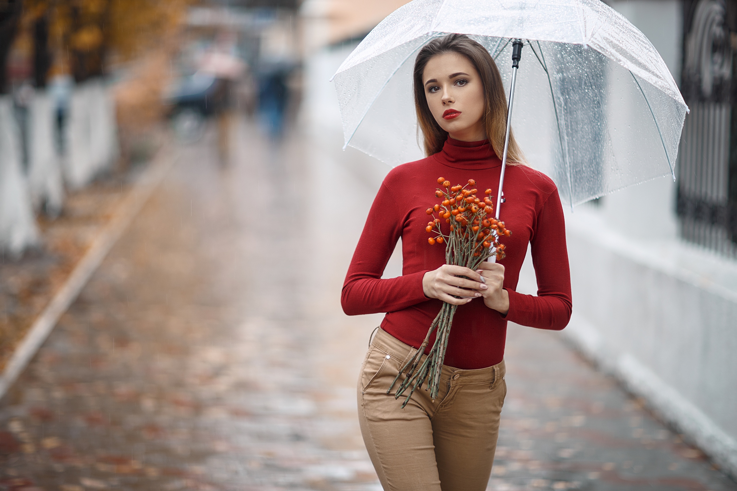 Women Model Brunette Portrait Outdoors Looking At Viewer Red Lipstick Rain Umbrella Turtlenecks Pant 2560x1707