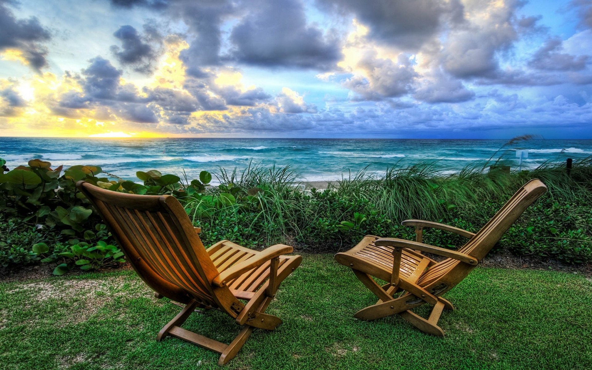 Nature Landscape Chair Beach Lawns Garden Sunset Sea Clouds Plants Summer HDR 1920x1200