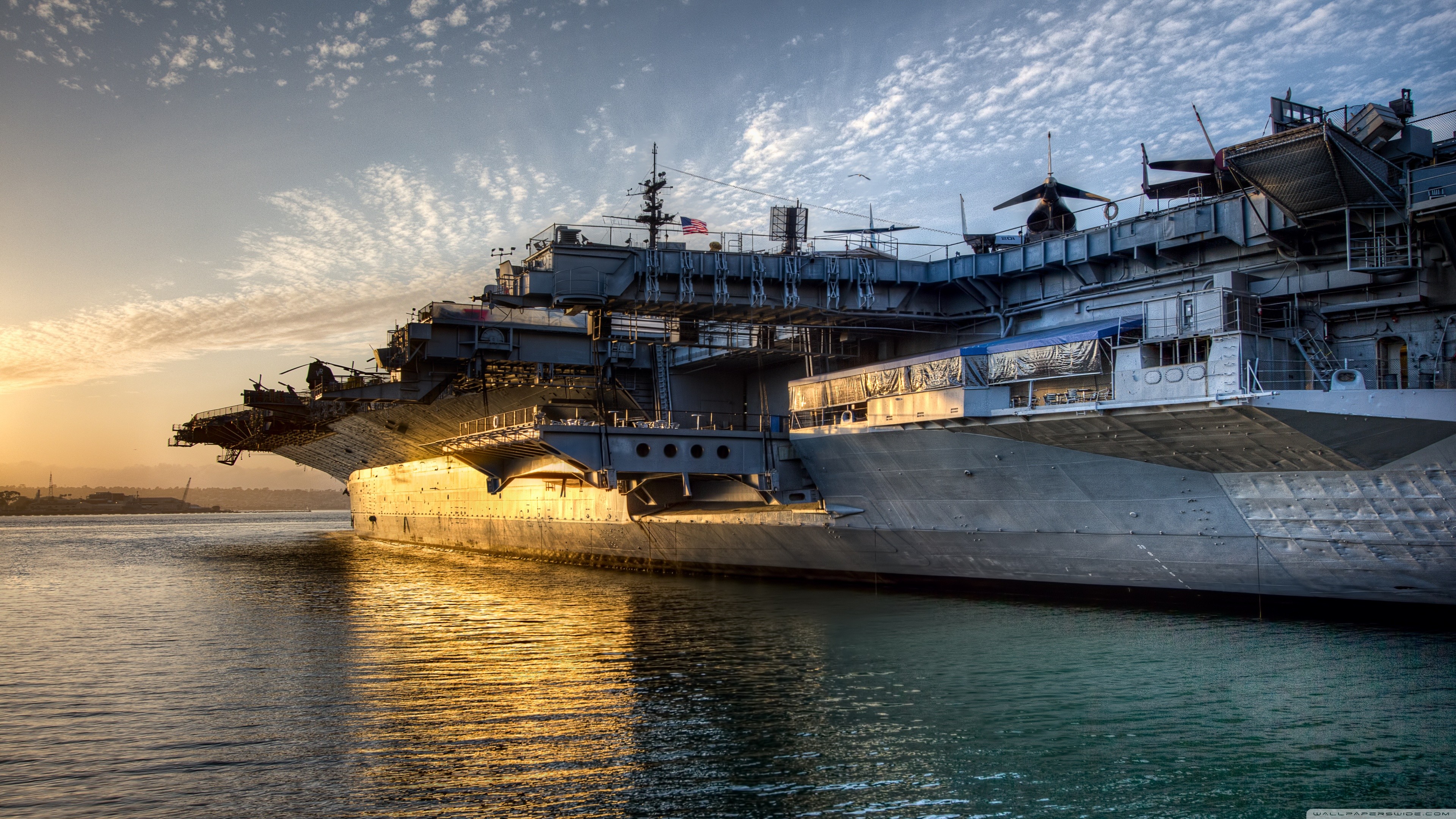 Sunset Military Base Military Aircraft Aircraft Carrier Ship Water USS Midway Aircraft Sea 3840x2160