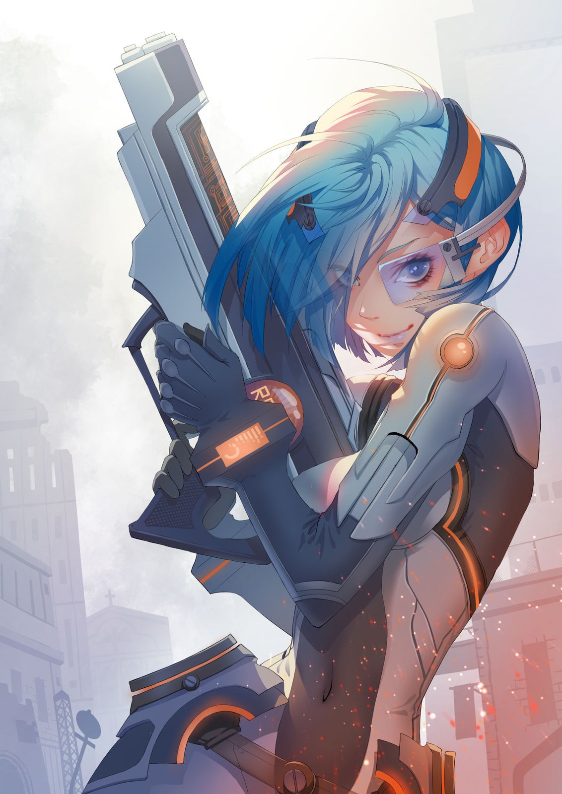 Anime Anime Girls Short Hair Blue Hair Rifles Suits Science Fiction 1132x1600