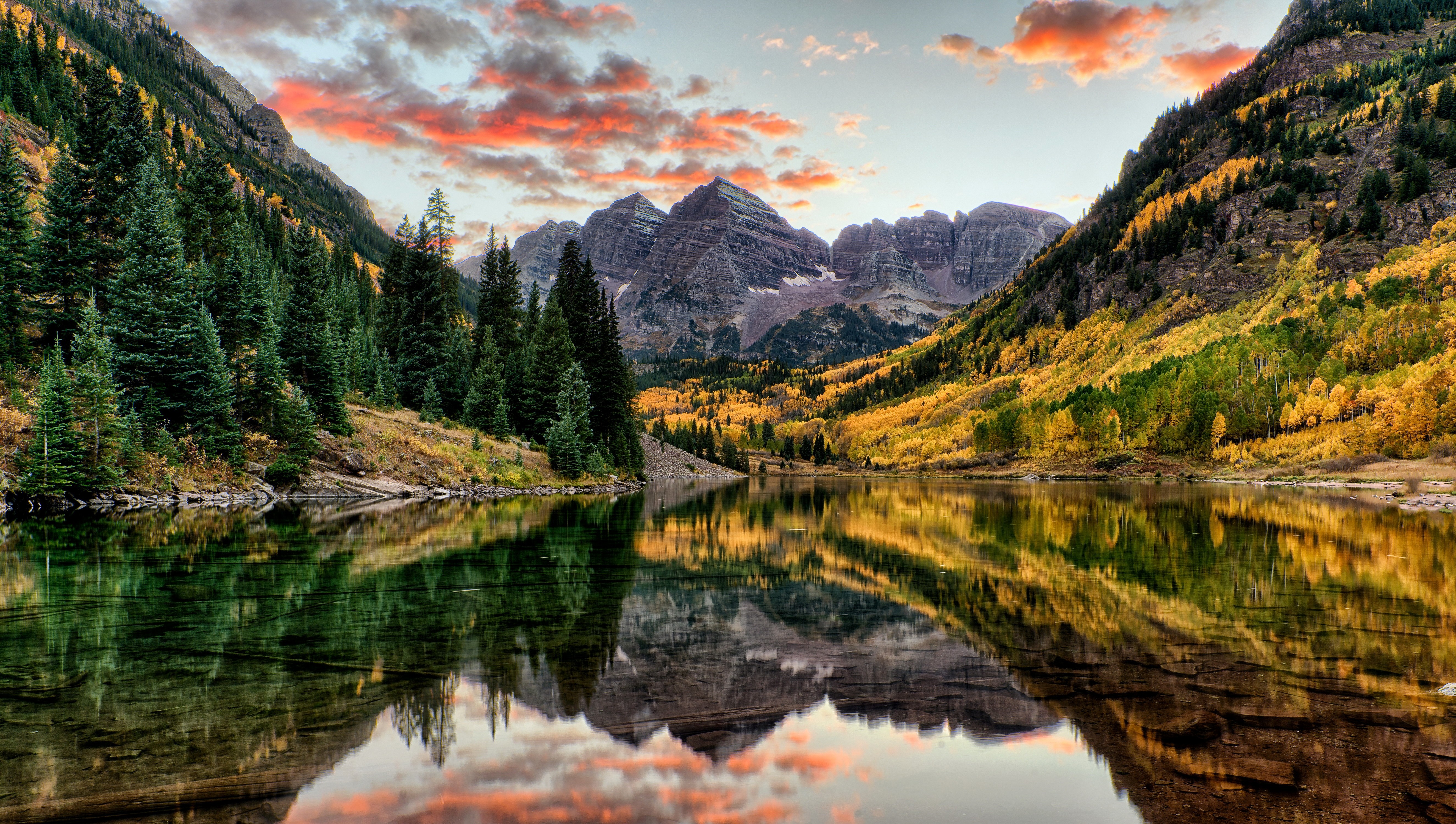 Forest Landscape Maroon Bells Colorado Mountains Lake Reflection Fall 5300x3000