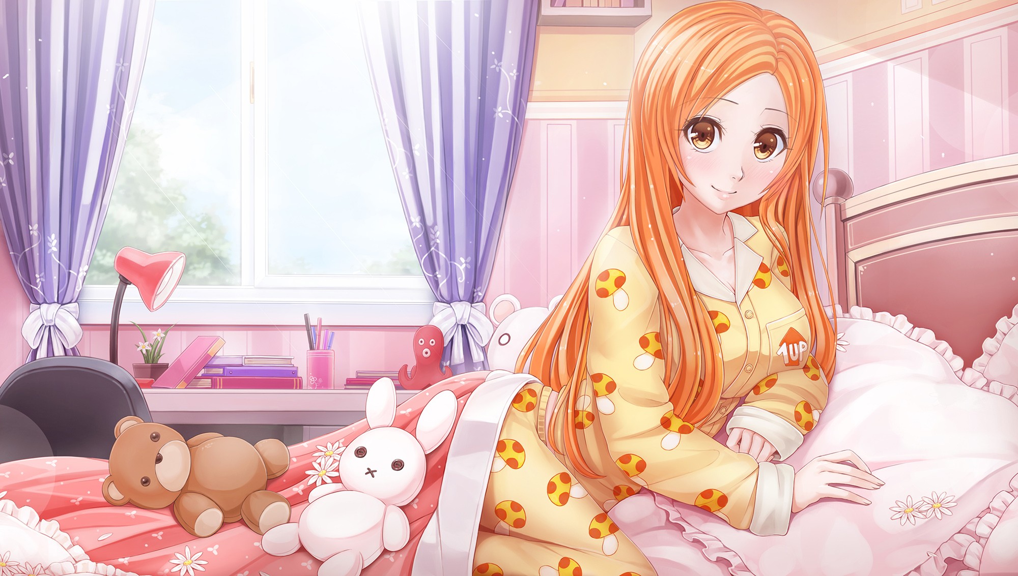 Anime Anime Girls Bleach Inoue Orihime Bed Books Long Hair Orange Eyes Orange Eyes Redhead Teddy Bea 2000x1133