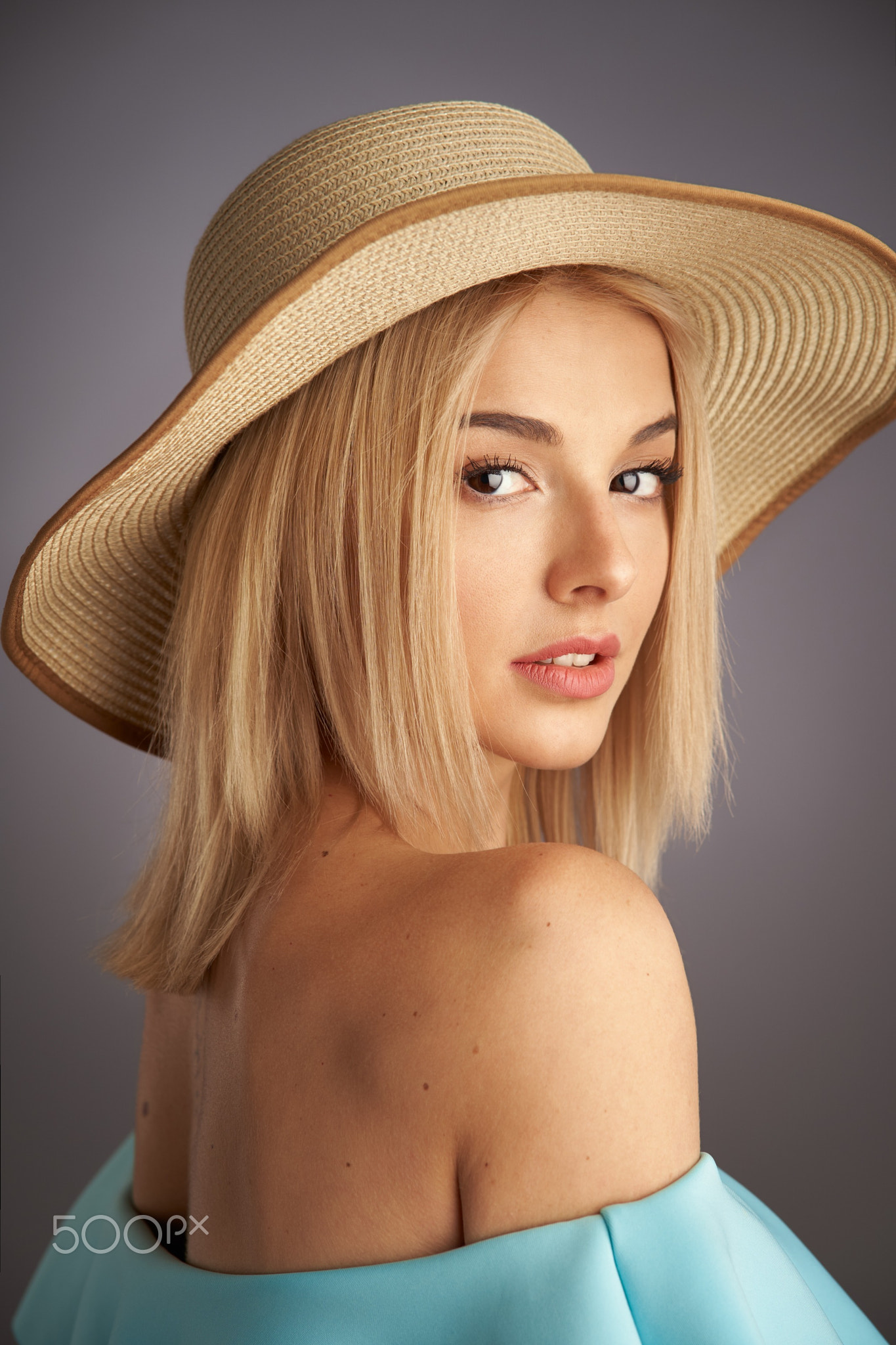 Alexander Vinogradov Women Hat Blonde Long Hair Straight Hair Looking At Viewer Bare Shoulders Blue  1365x2048