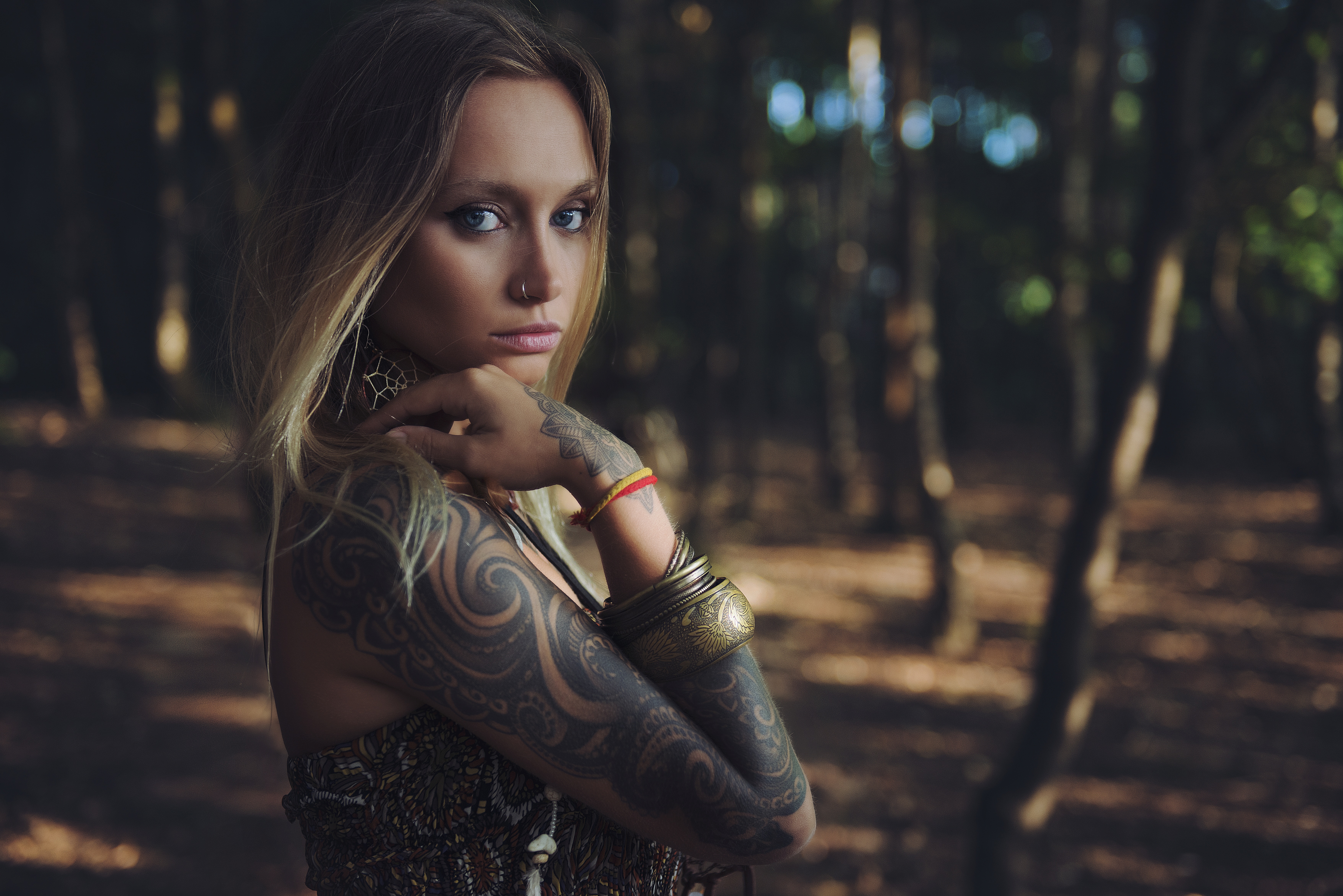 Women Blonde Blue Eyes Pierced Nose Bangles Tattoo Looking At Viewer Anastasia Vervueren 7026x4689