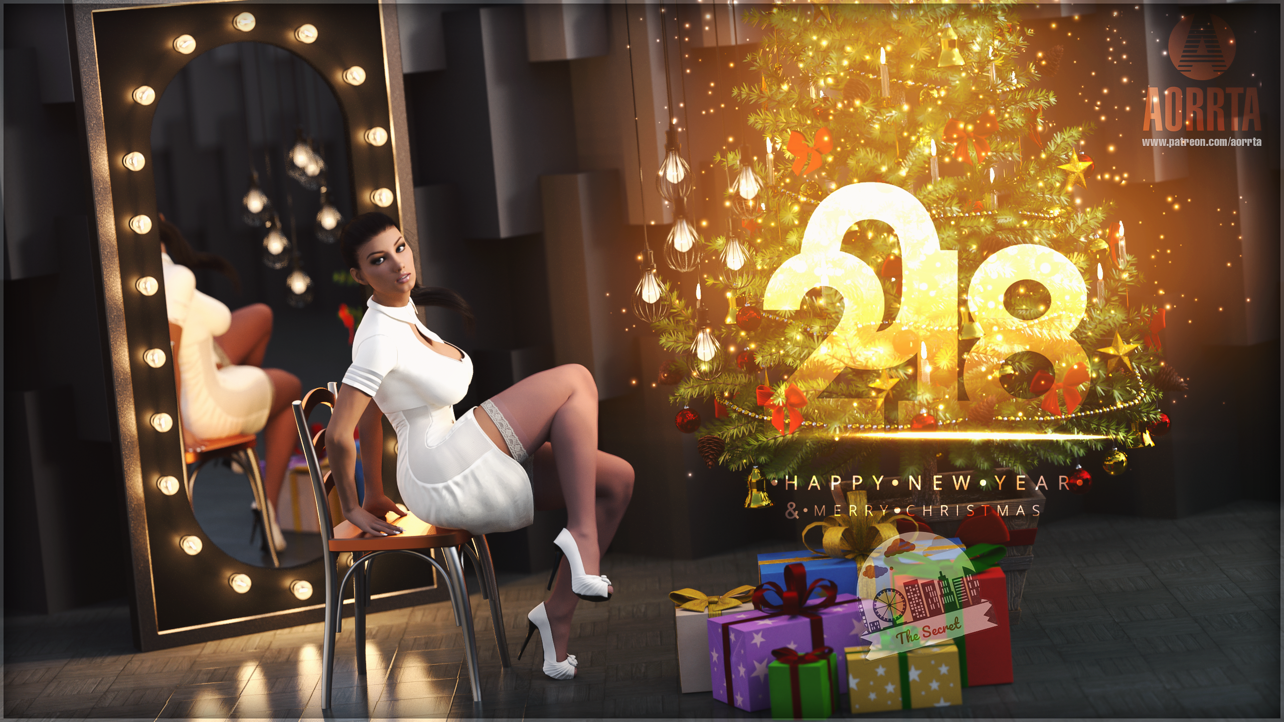 3D CG Christmas New Year 2018 Year Santa Outfit Feet Legs Thigh Highs 2560x1440