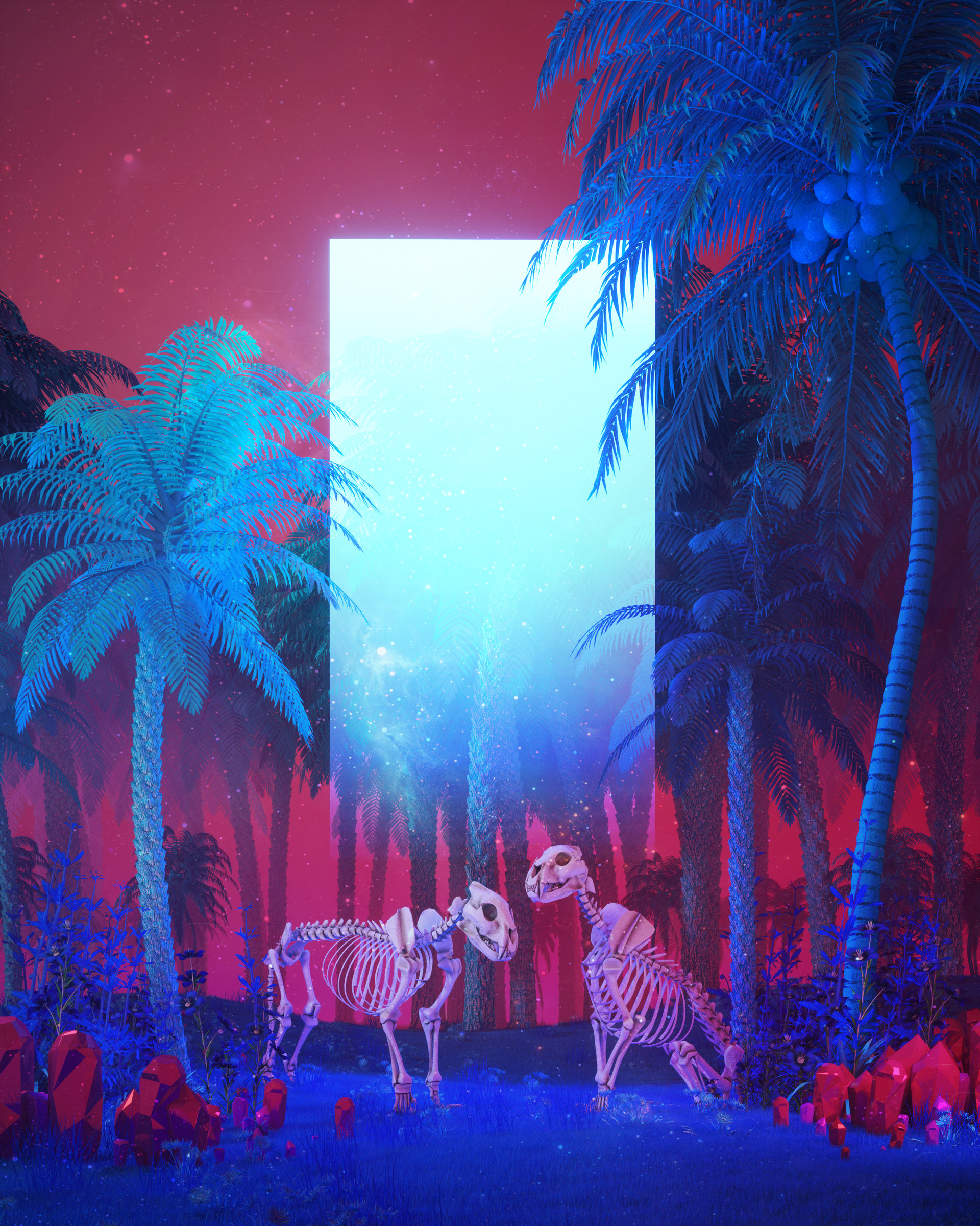 Beeple Render Landscape Monolith Neon Trees Plants Skeleton Dead 1920x2400