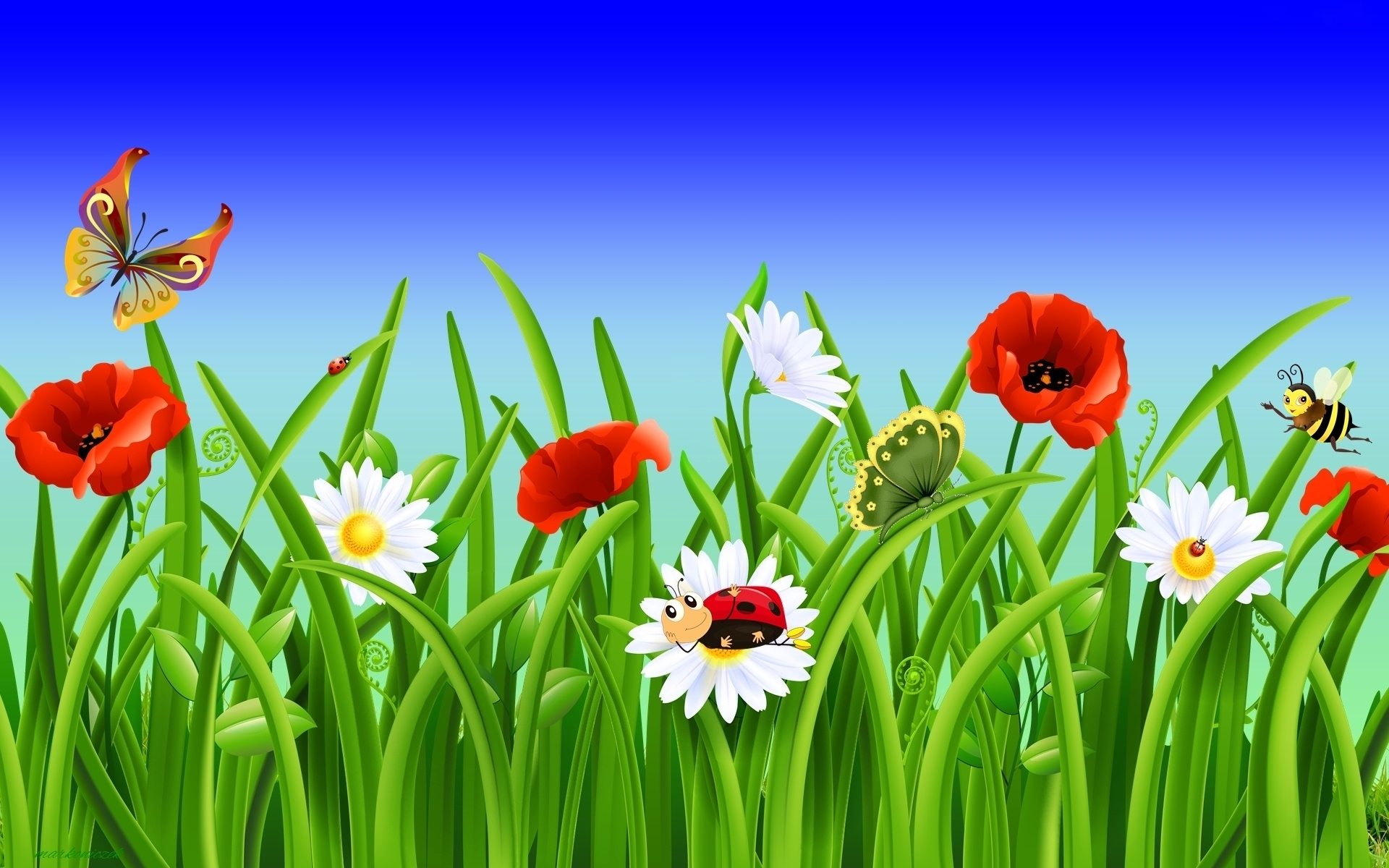 Artistic Spring Grass Bug Bee Butterfly Poppy Daisy 1920x1200