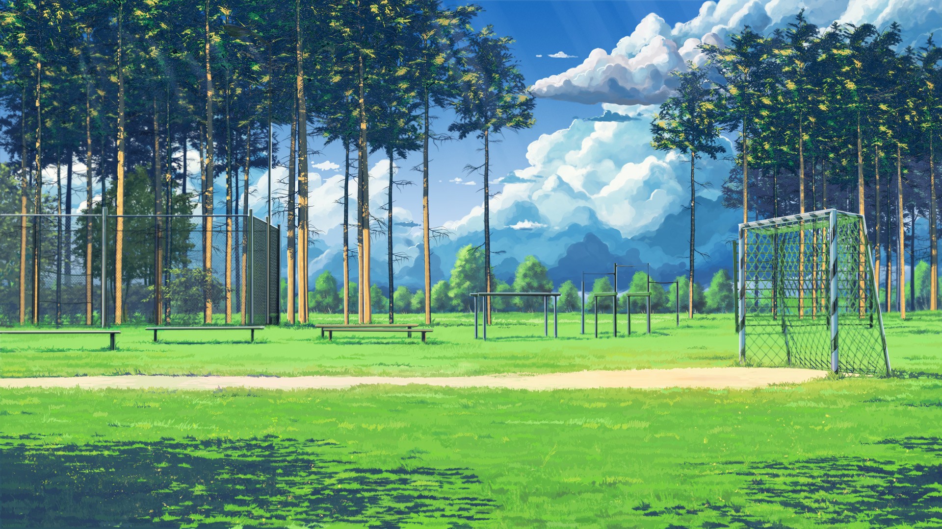 Clouds Soccer Field Bench Green Everlasting Summer Artwork ArseniXC 1920x1080